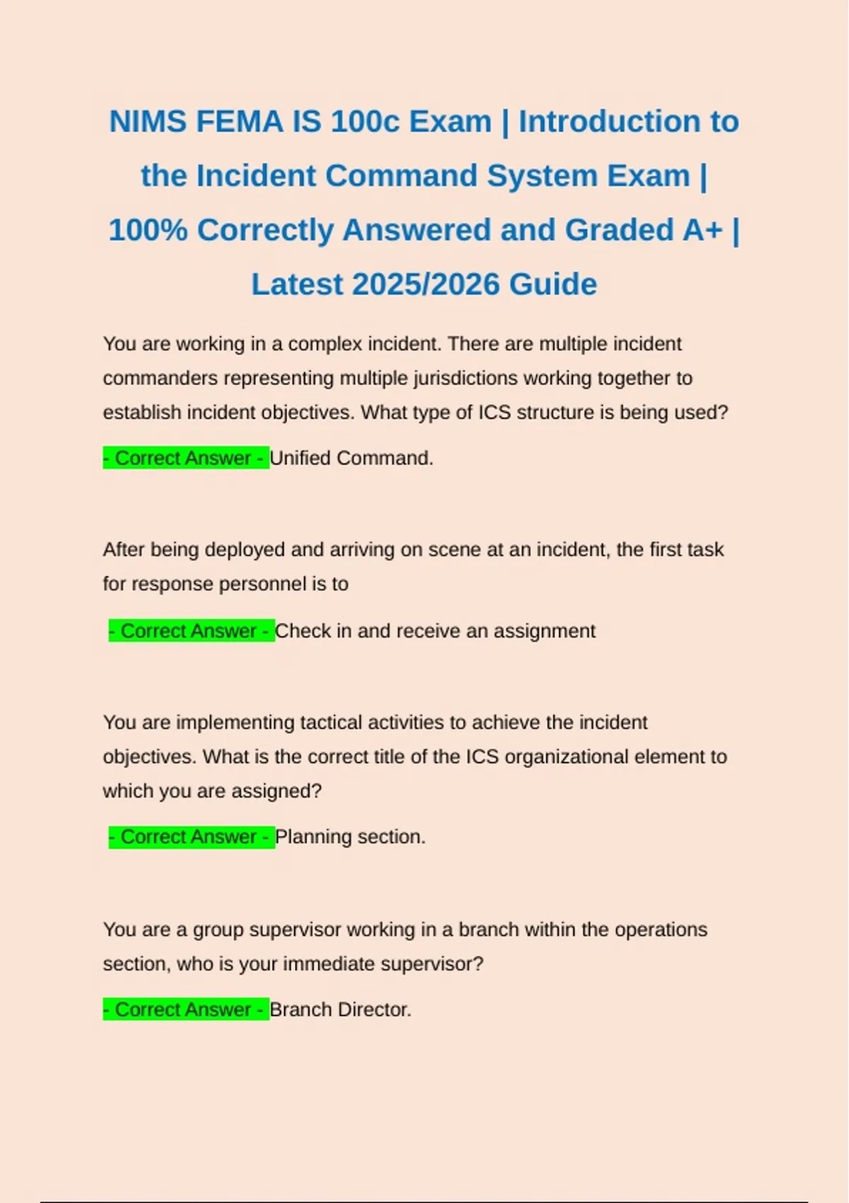 NIMS FEMA IS 100c Exam | Introduction to the Incident Command System ...