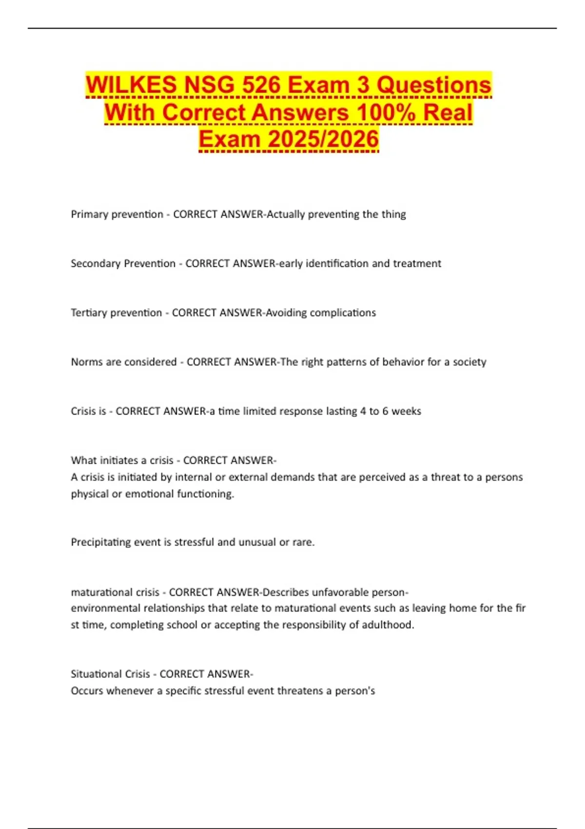 WILKES NSG 526 Exam 3 Questions With Correct Answers 100%- Real Exam ...