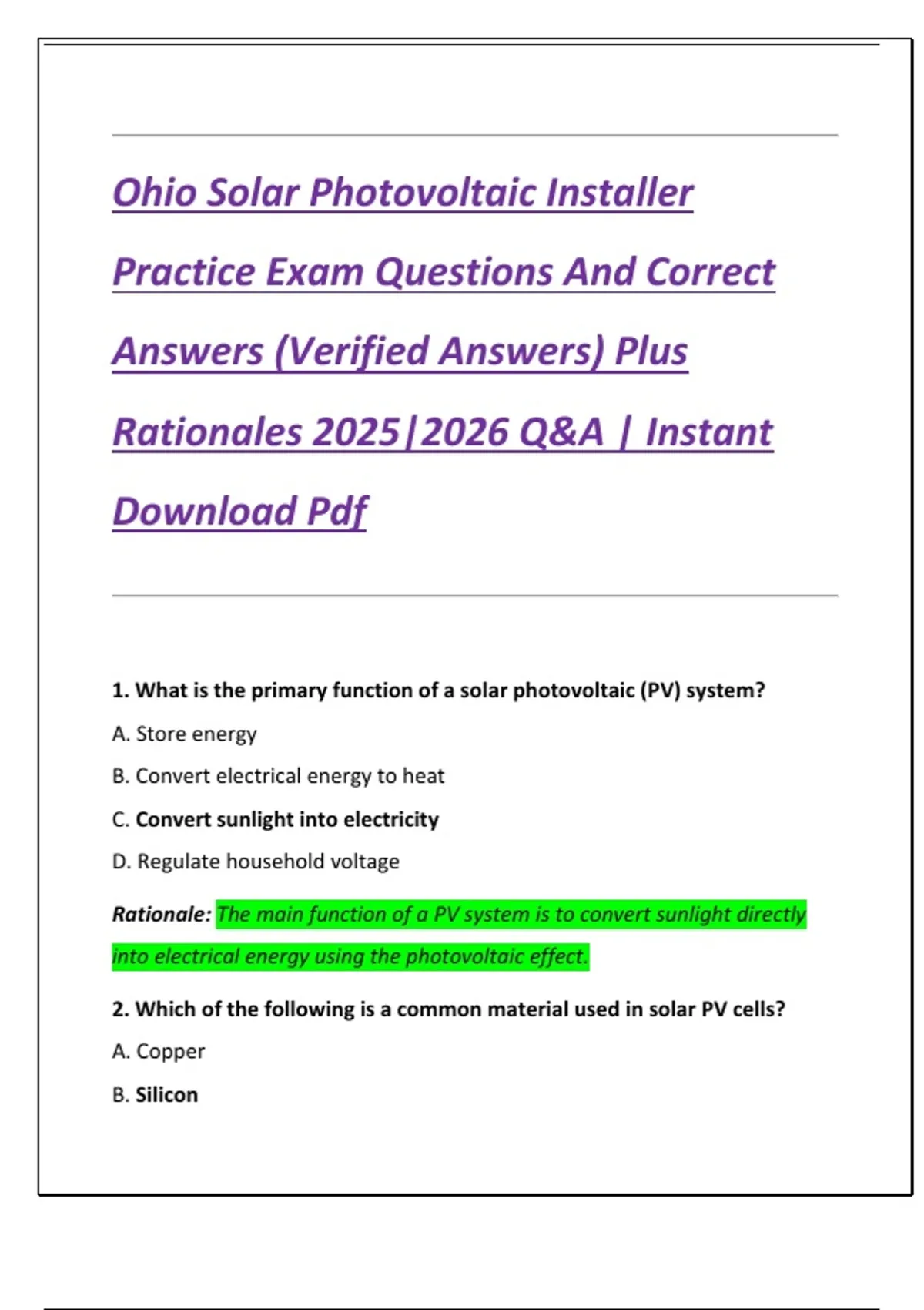 Ohio Solar Photovoltaic Installer Practice Exam Questions And Correct ...