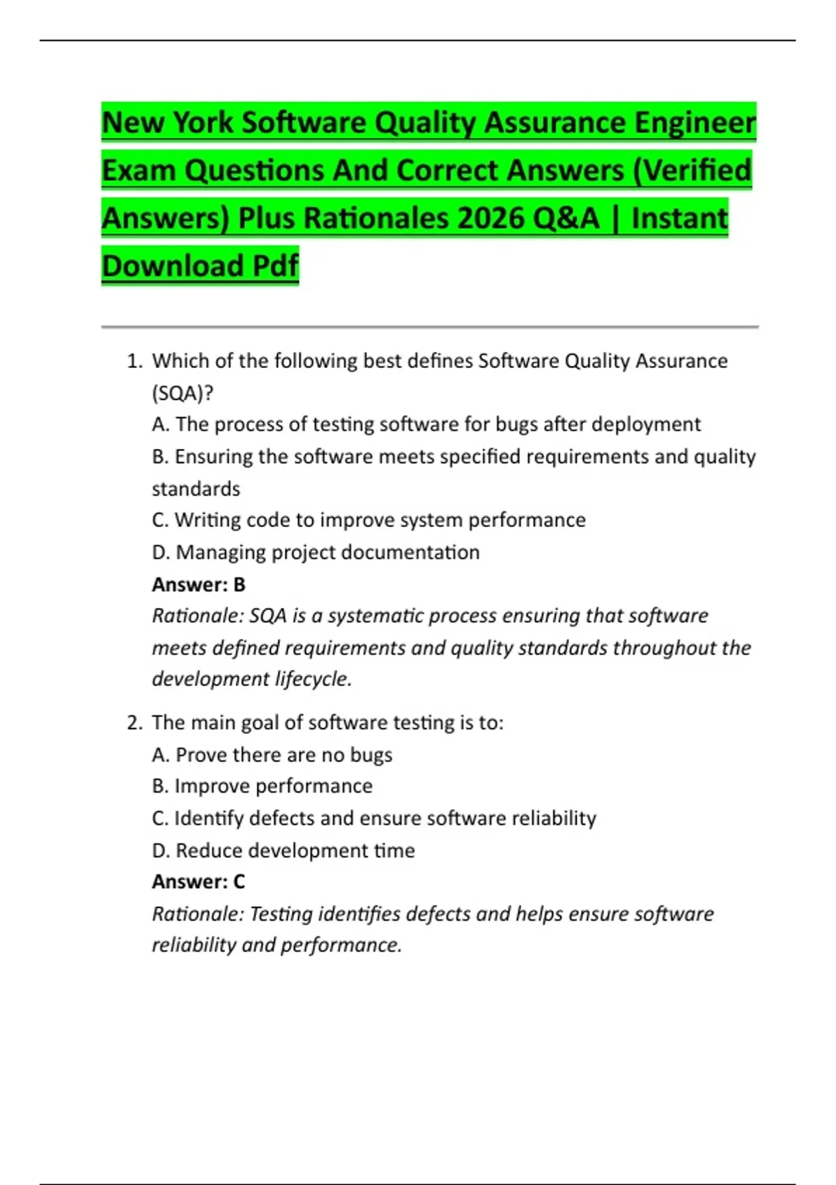 New York Software Quality Assurance Engineer Exam Questions And Correct ...