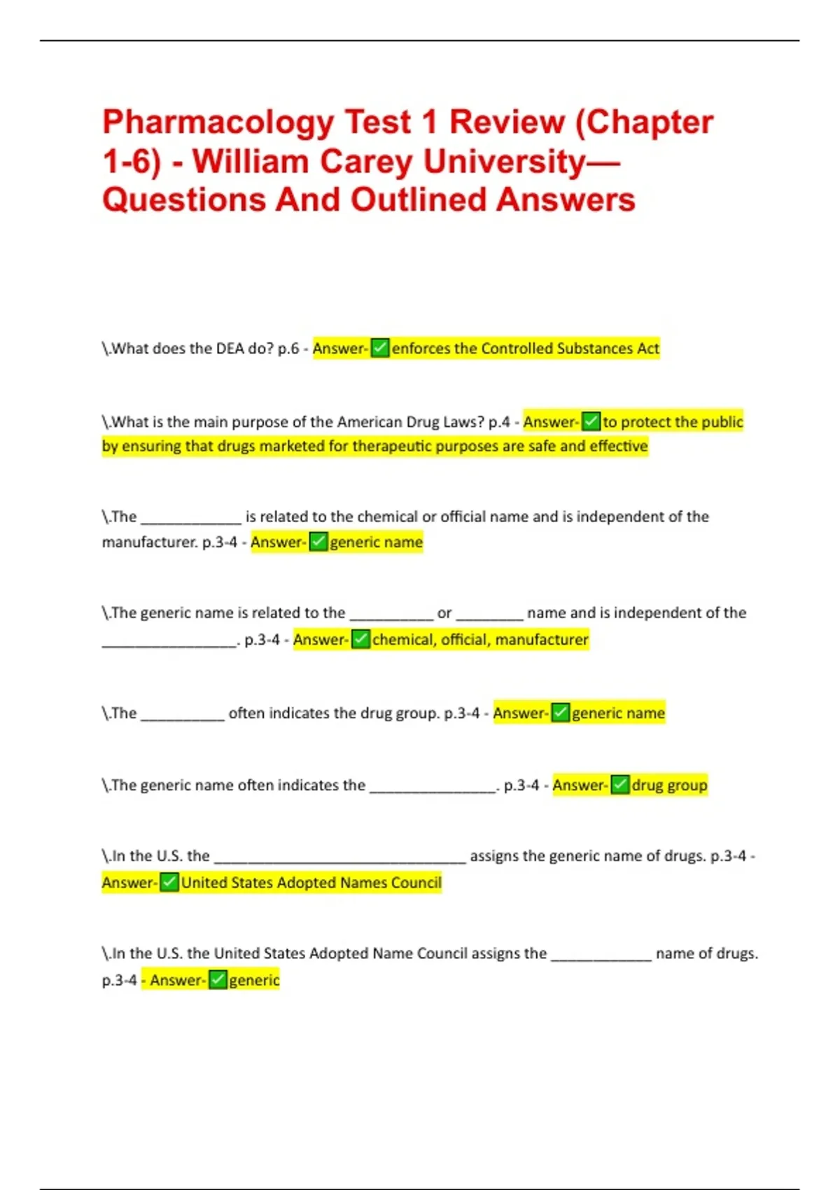 Pharmacology Test 1 Review (Chapter 1-6) - William Carey University ...
