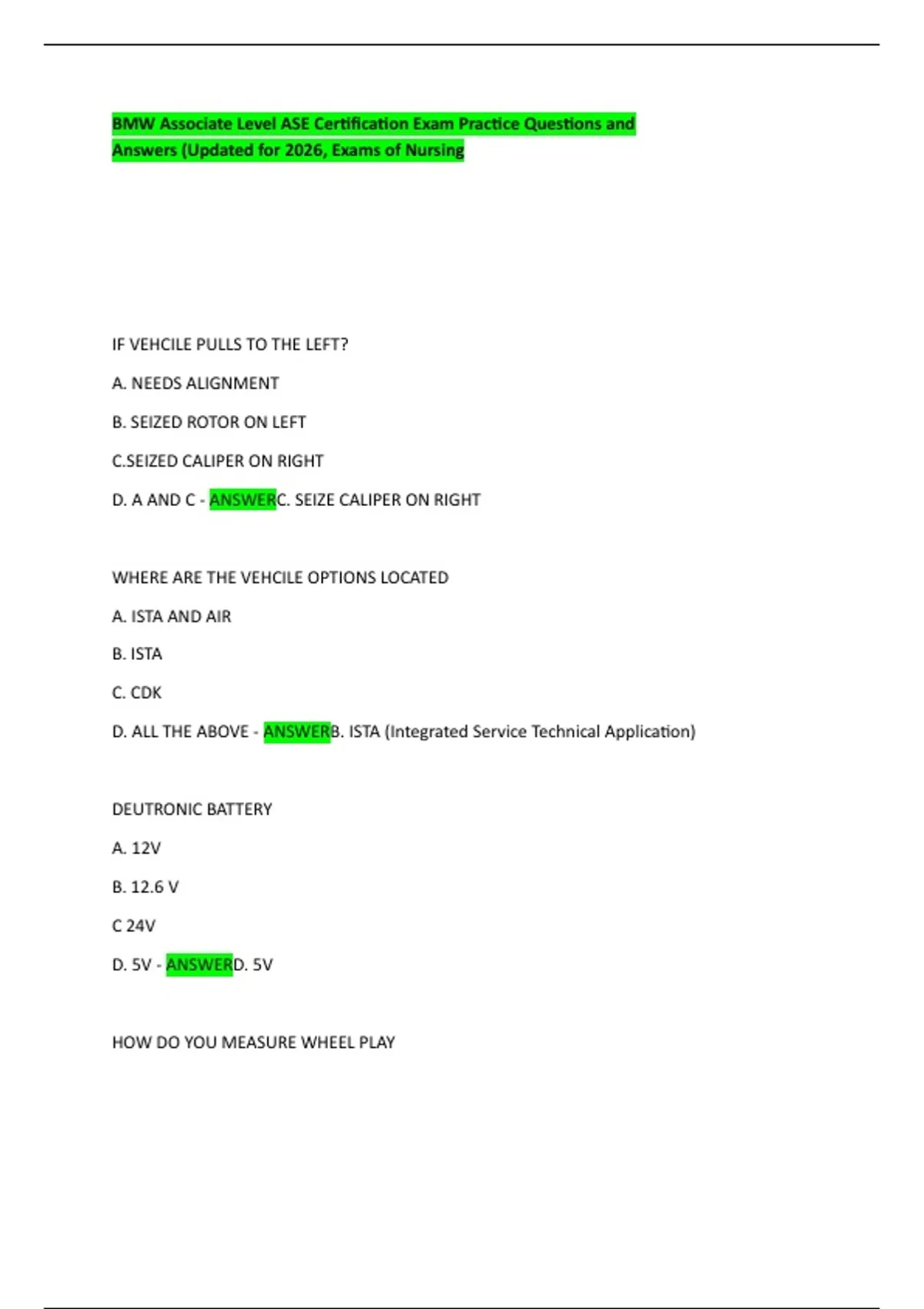 BMW Associate Level ASE Certification Exam Practice Questions and ...