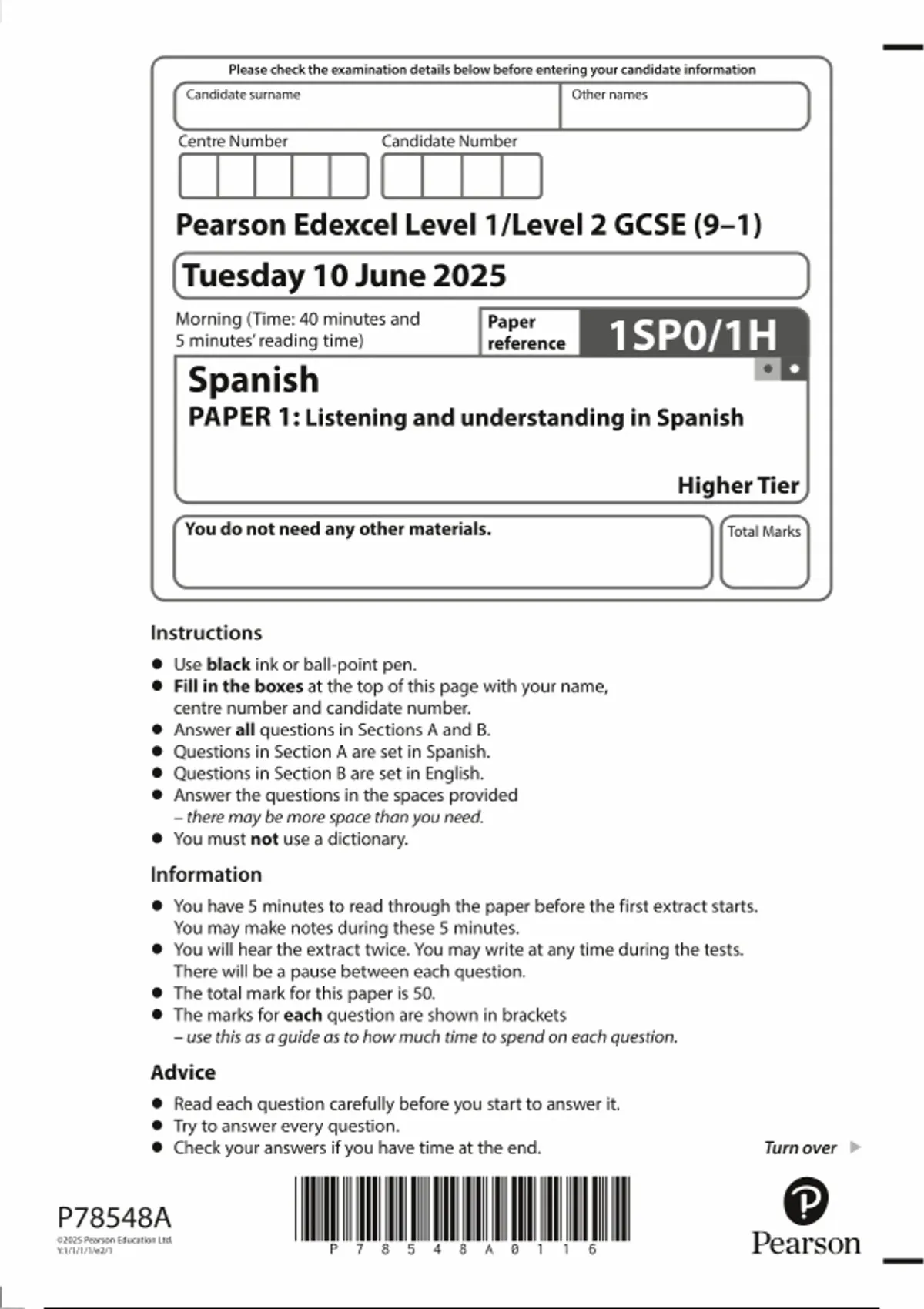 2025 Pearson Edexcel Spanish PAPER 1 QUESTION PAPER : Listening and ...