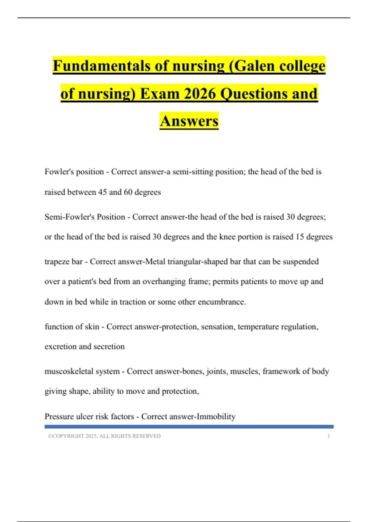 Fundamentals of nursing (Galen college of nursing) Exam 2026 Questions ...