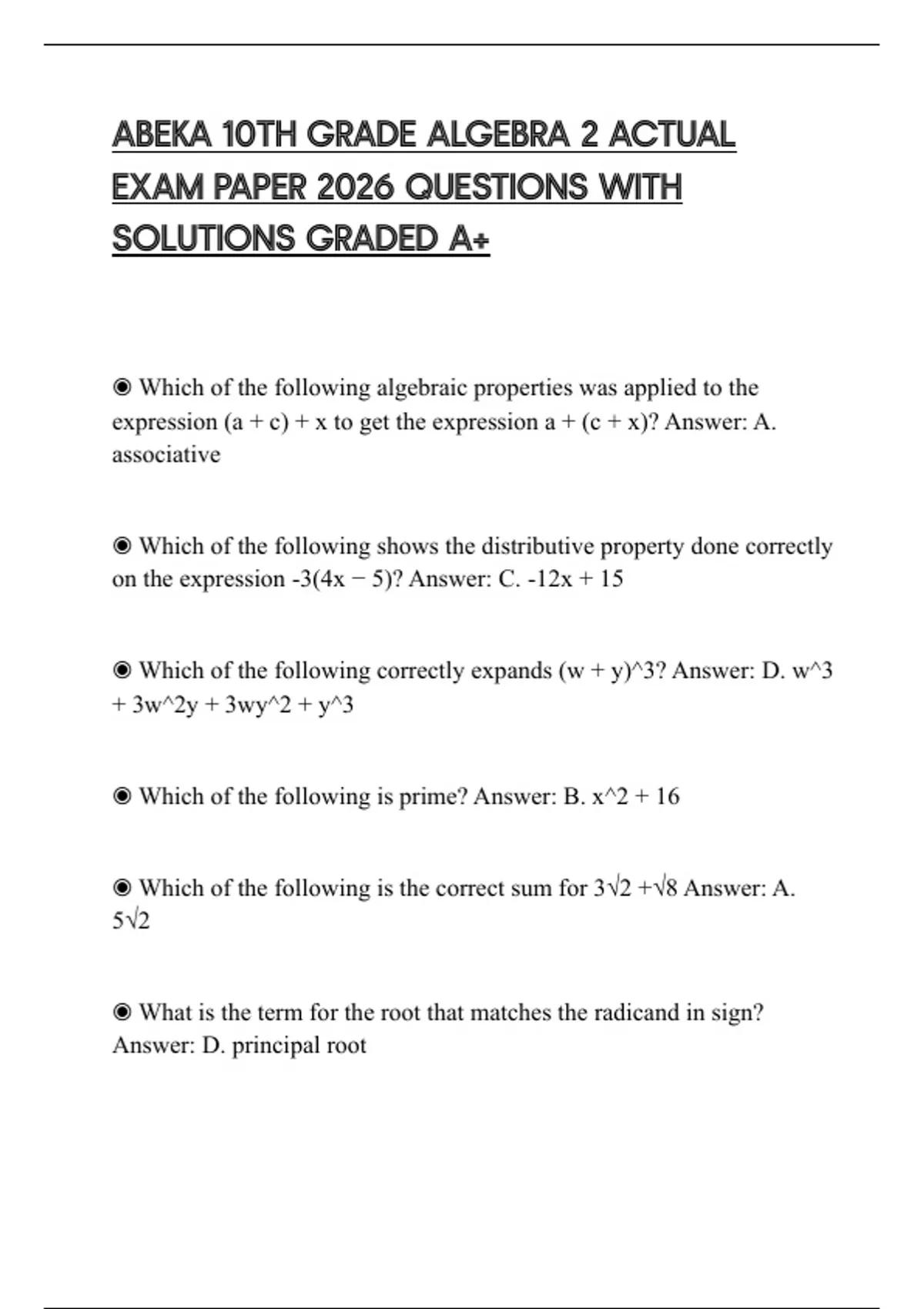 ABEKA 10TH GRADE ALGEBRA 2 ACTUAL EXAM PAPER 2026 QUESTIONS WITH ...