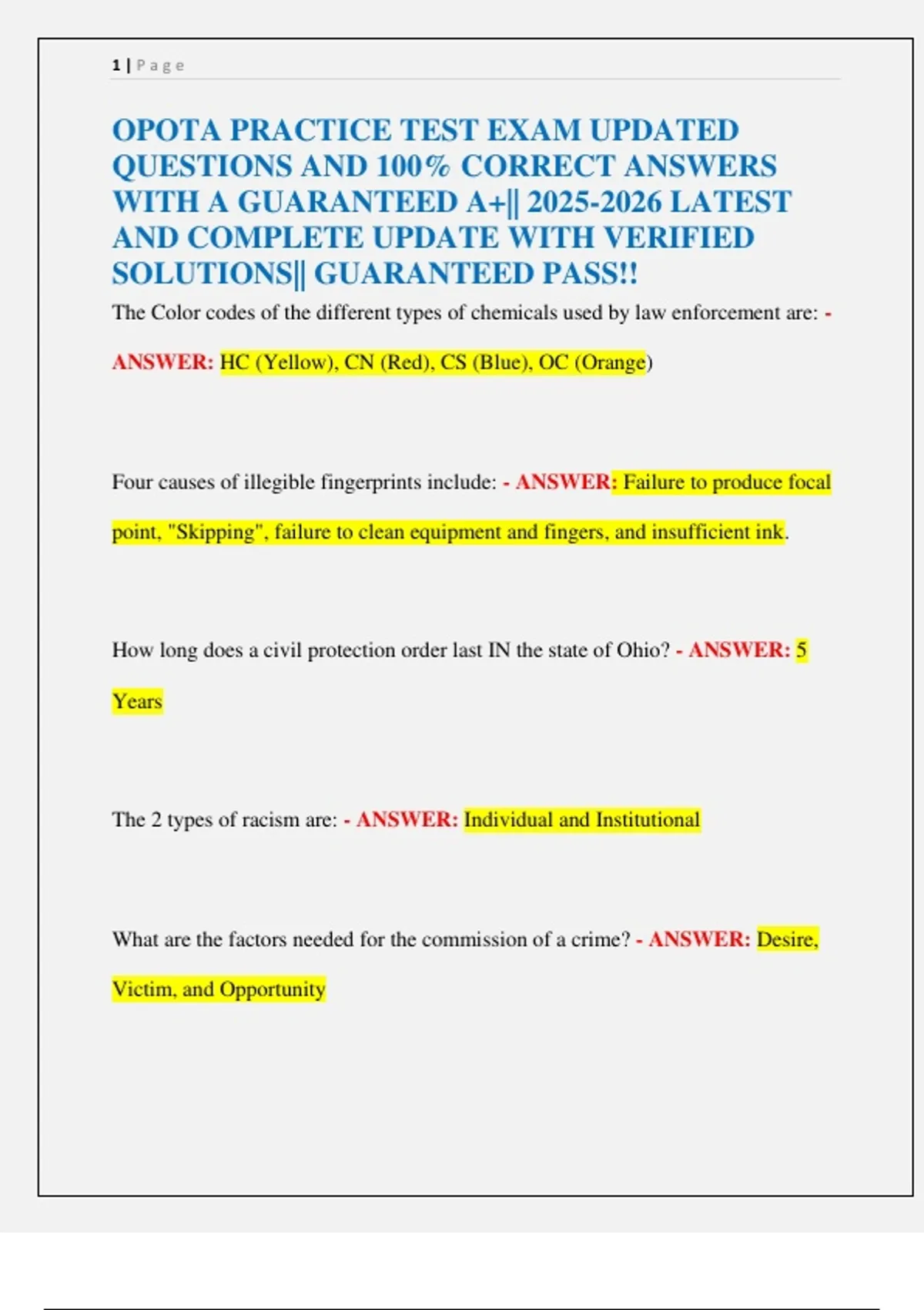 OPOTA PRACTICE TEST EXAM UPDATED QUESTIONS AND 100% CORRECT ANSWERS ...