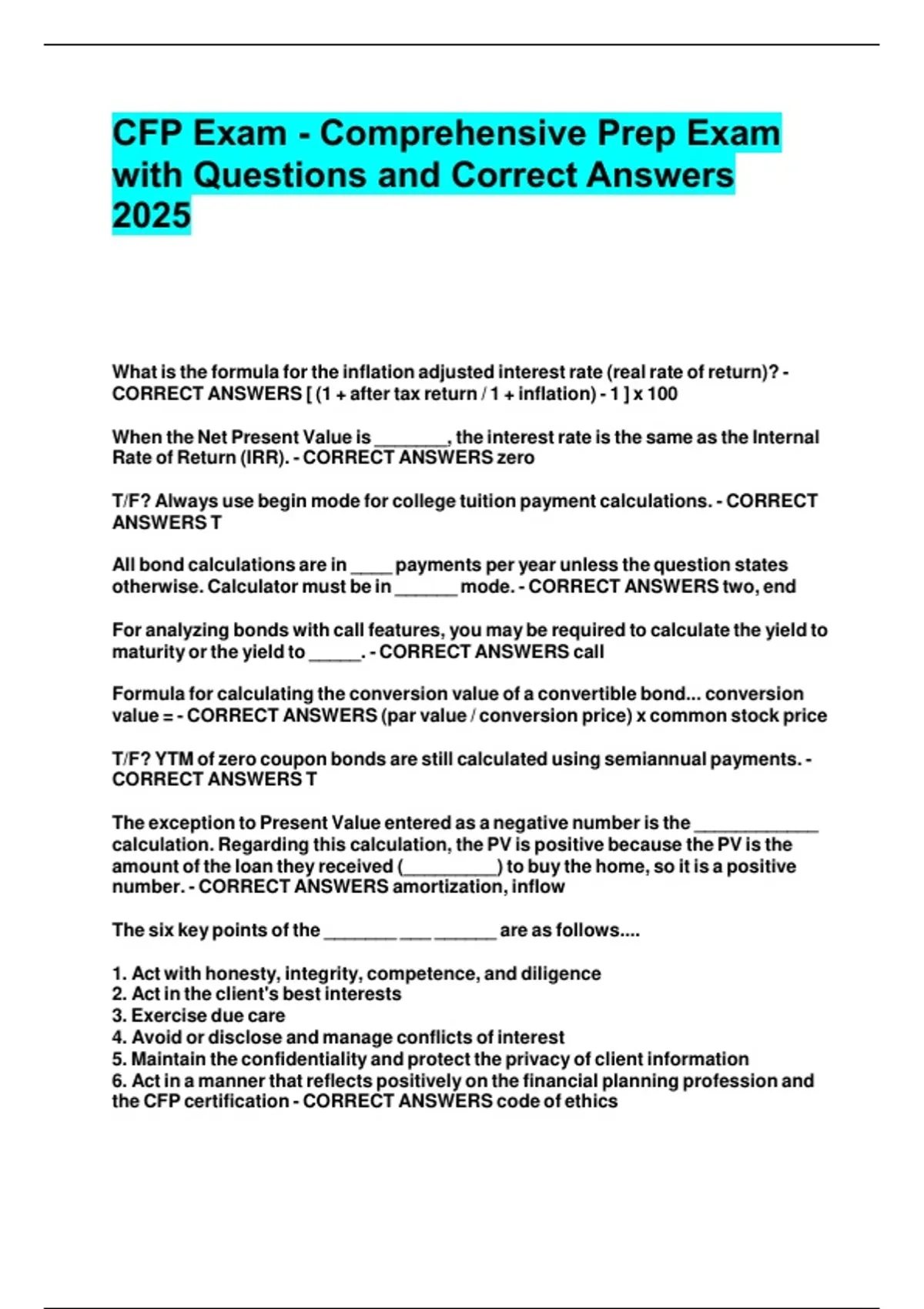 CFP-CERTIFIED FINANCIAL PLANNER EXAM BUNDLE WITH QUESTIONS AND COMPLETE ...