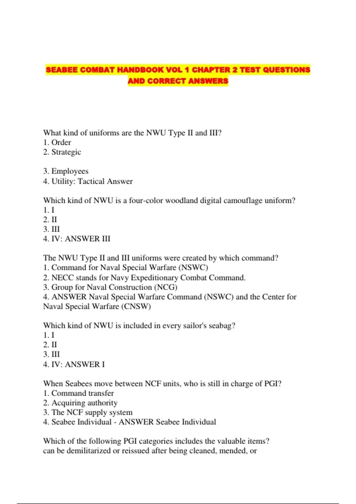 SEABEE COMBAT HANDBOOK VOL 1 CHAPTER 2 TEST QUESTIONS AND CORRECT ...