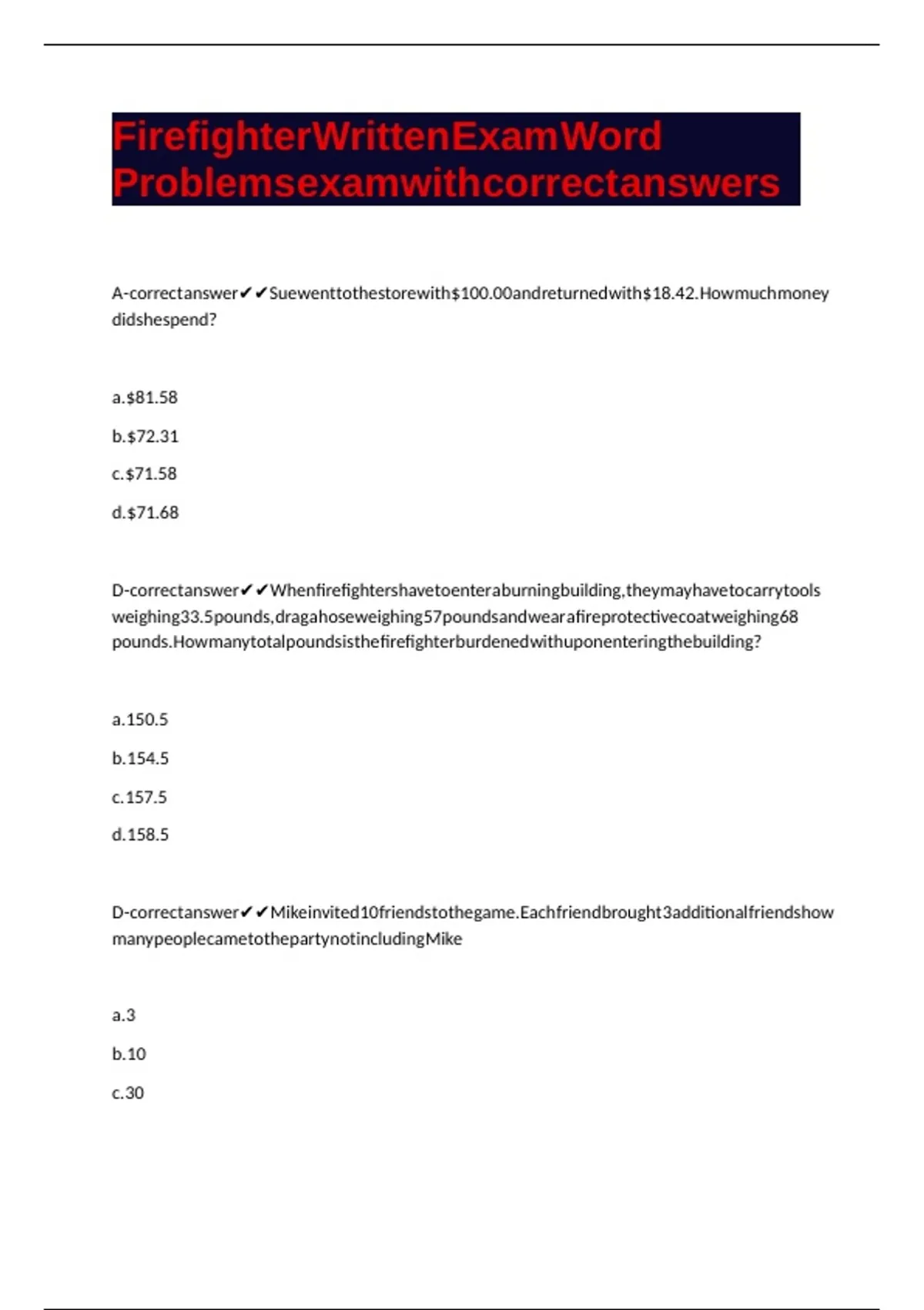 Firefighter Written Exam Word Problems exam with correct answers ...