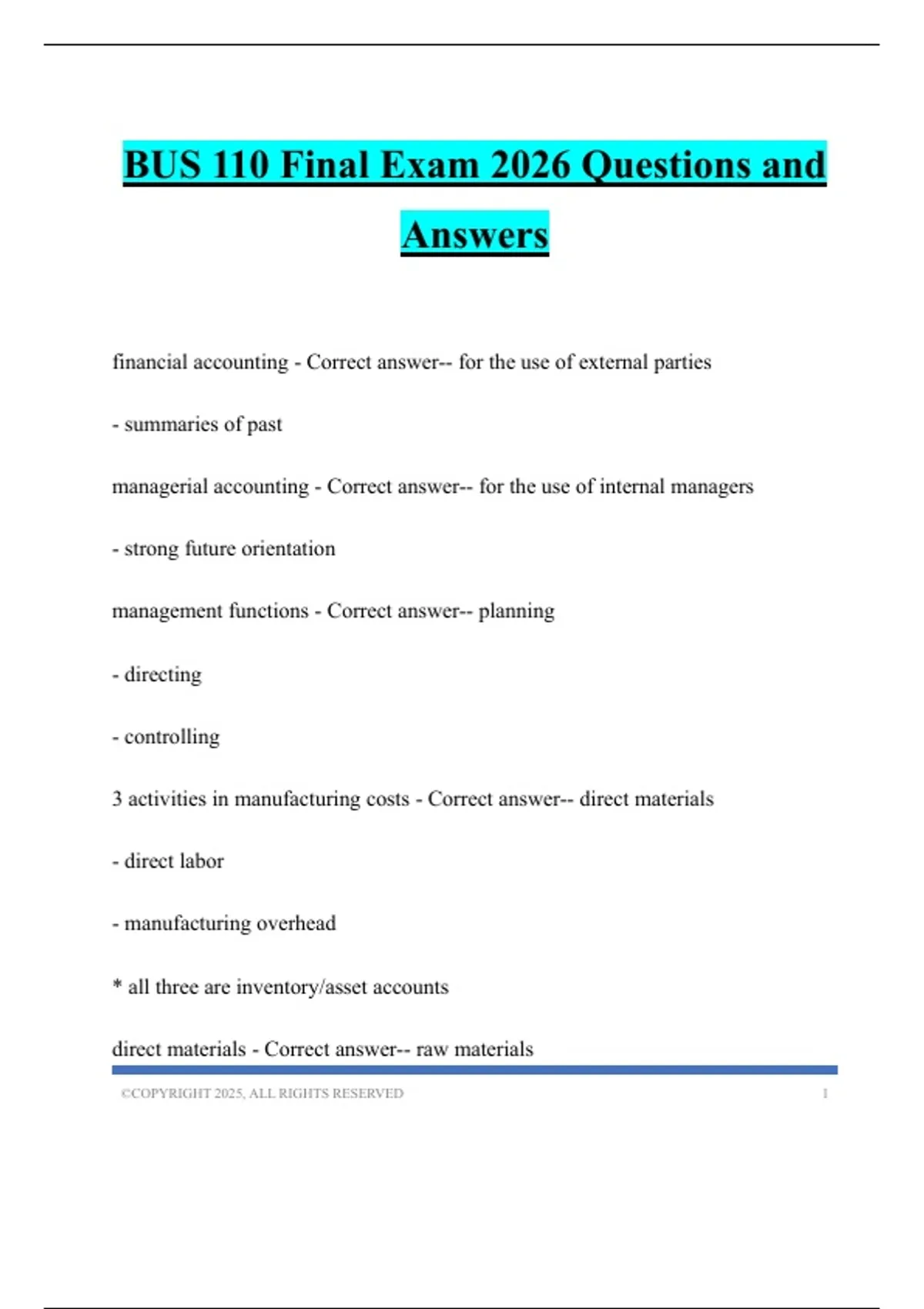BUS 110 Final Exam 2026 Questions and Answers - BUS110 - Stuvia US