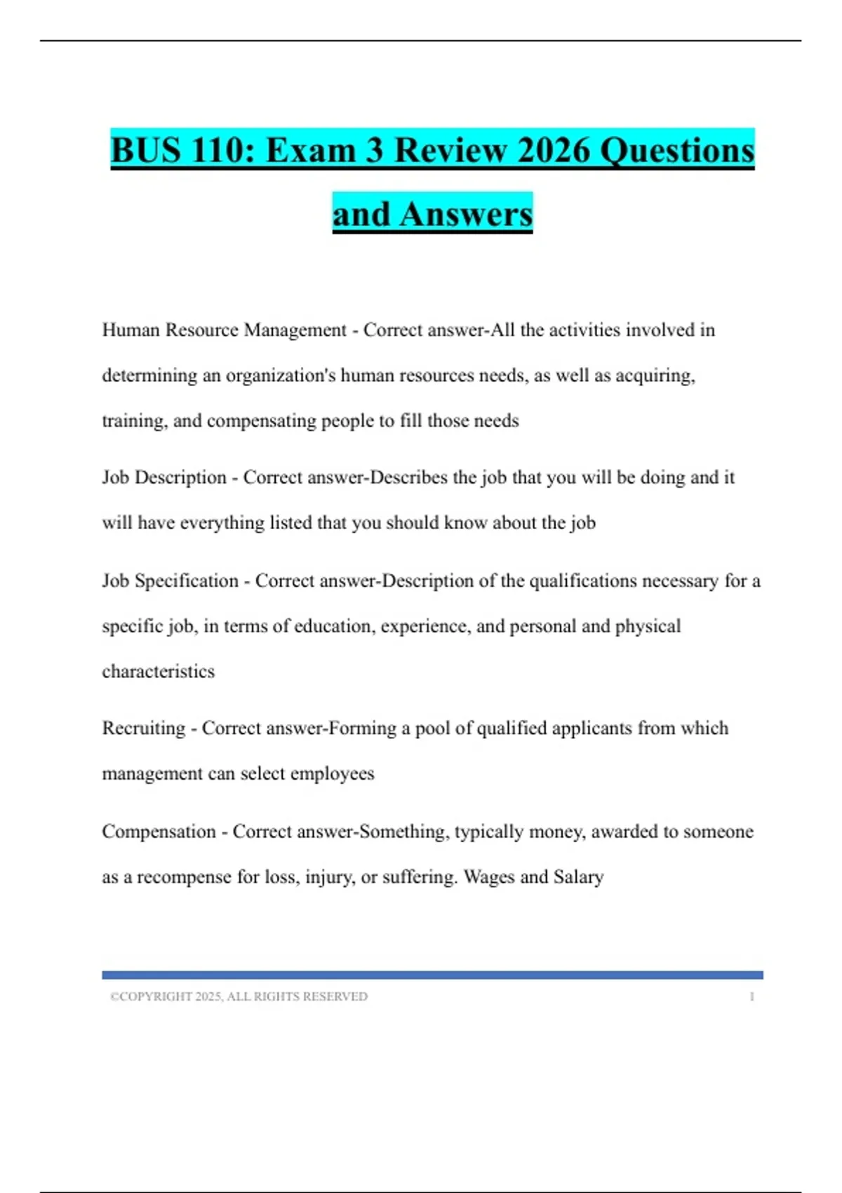 BUS 110: Exam 3 Review 2026 Questions and Answers - BUS 110 - Stuvia US