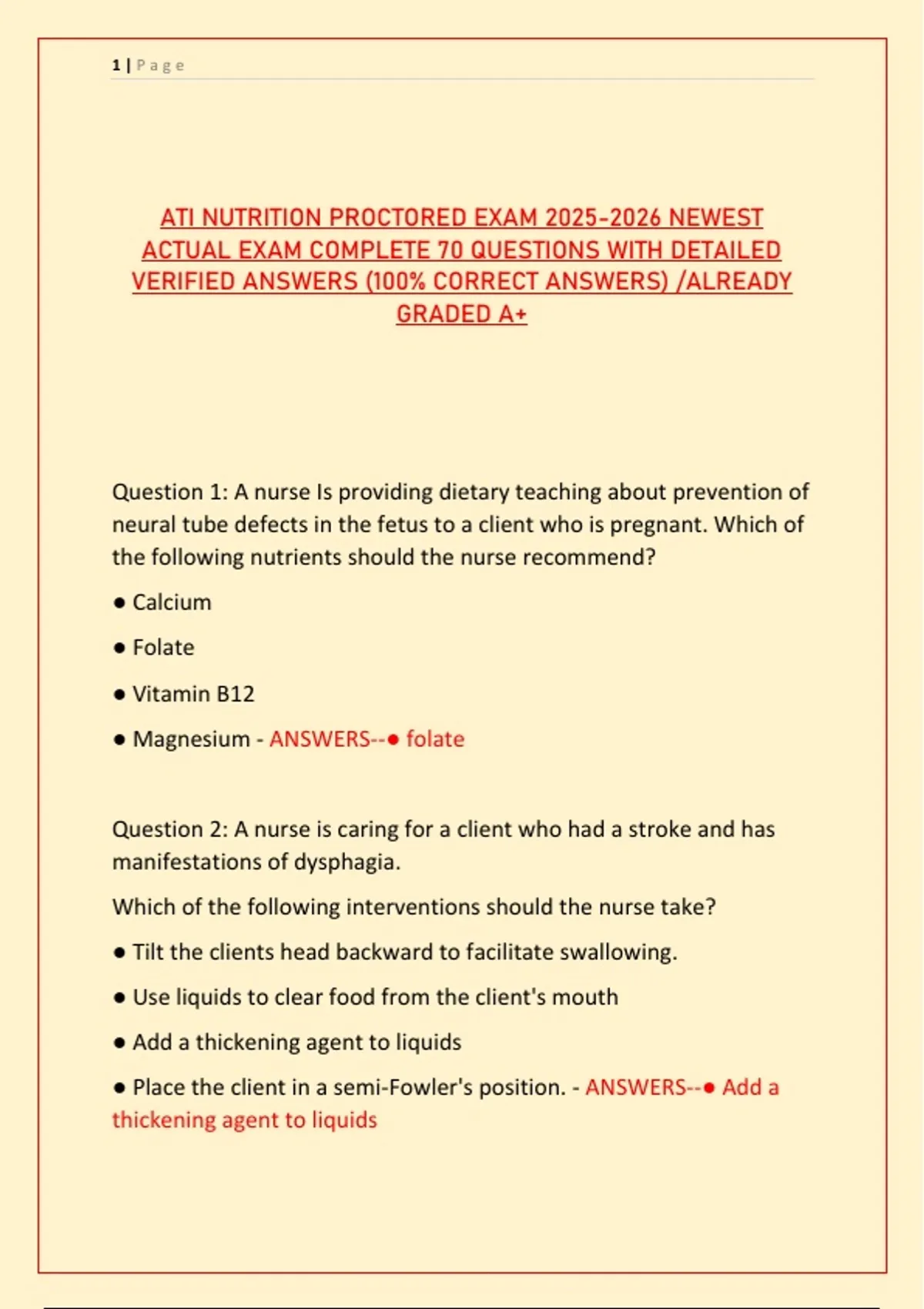 ATI NUTRITION PROCTORED EXAM NEWEST ACTUAL EXAM COMPLETE 70 QUESTIONS ...