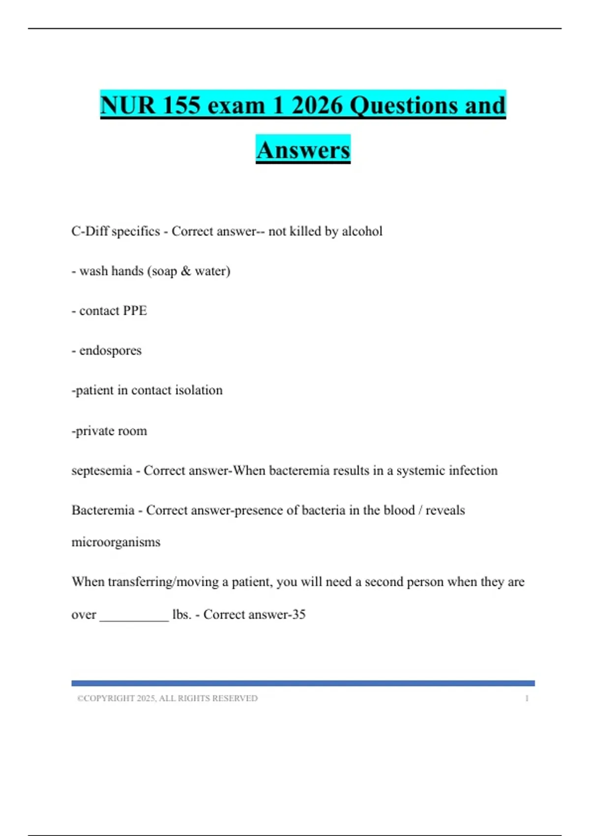 NUR 155 exam 1 2026 Questions and Answers - NUR 155 - Stuvia US