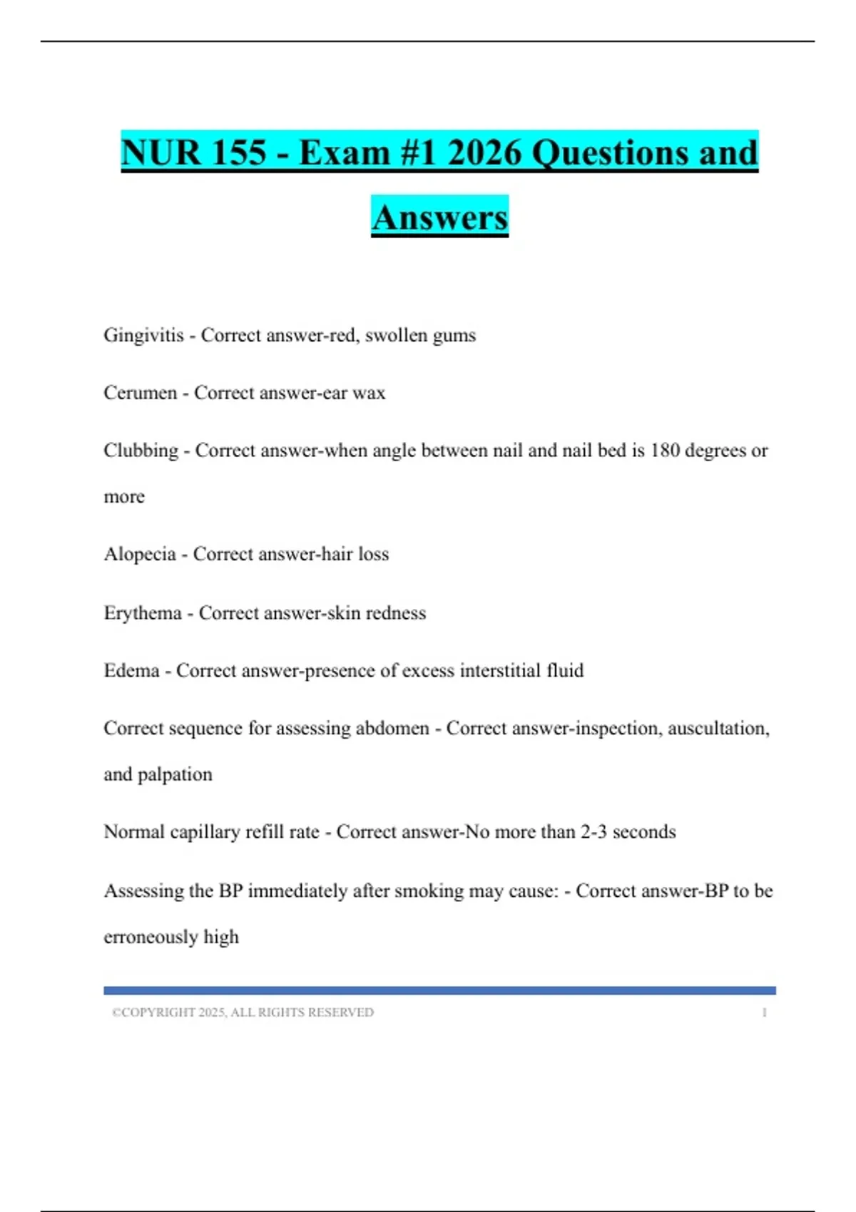 NUR 155 - Exam #1 2026 Questions and Answers - NUR 155 - Stuvia US
