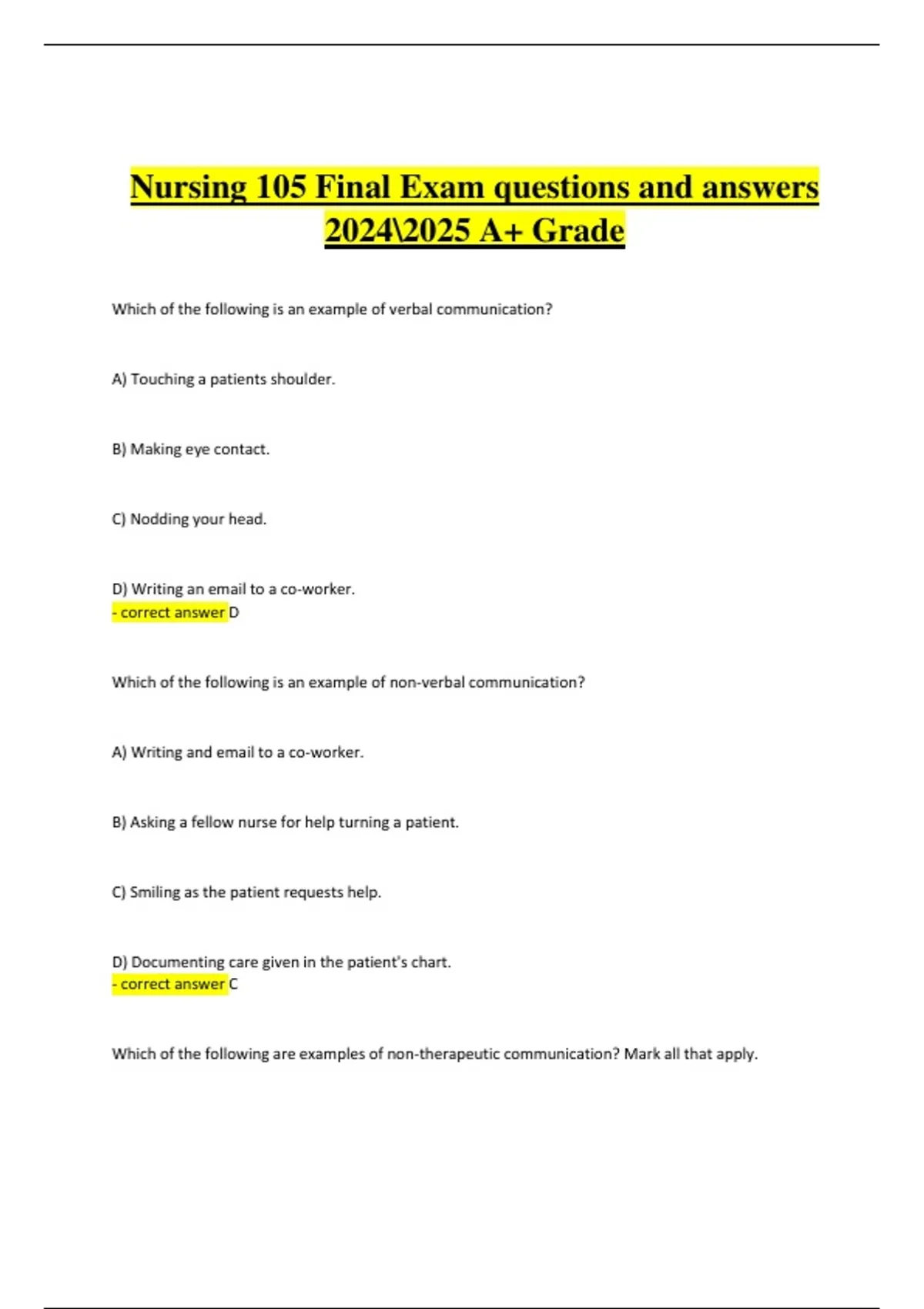 Nursing 105 Final Exam – Verified Questions and Answers (Latest 2024/ ...