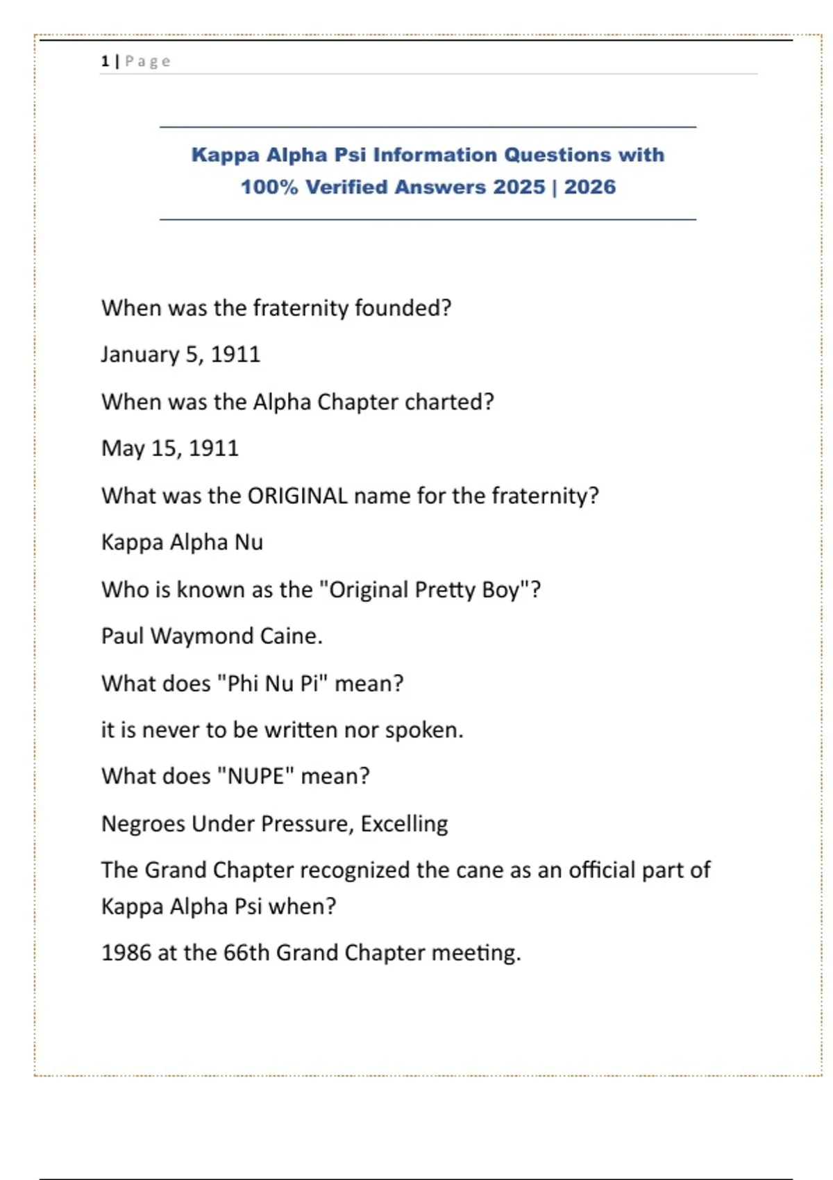 Kappa Alpha Psi Information Questions with 100% Verified Answers 2025 | 2026. - KAPPA ALPHA PSI ...