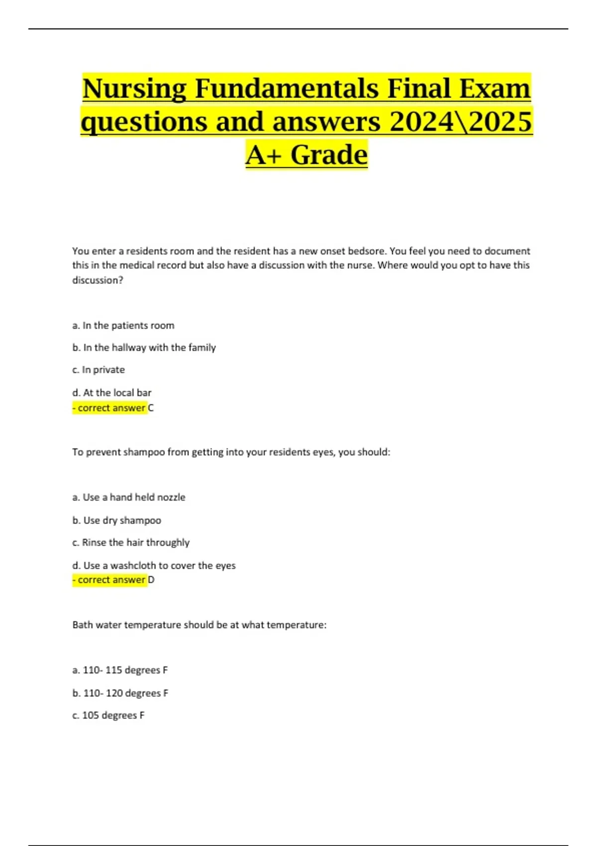Nursing Fundamentals Final Exam – Verified Questions and 100% Correct ...