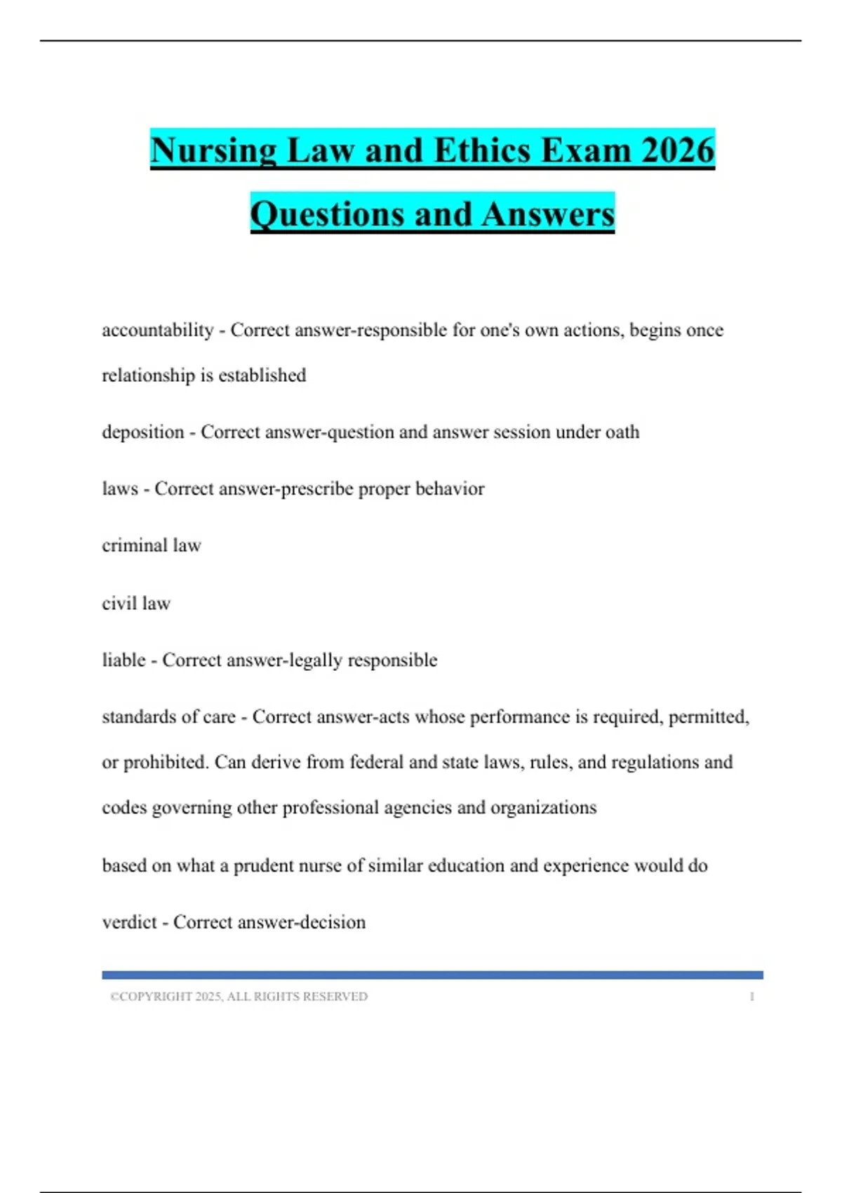 Nursing Law and Ethics Exam 2026 Questions and Answers - Nursing Ethics ...
