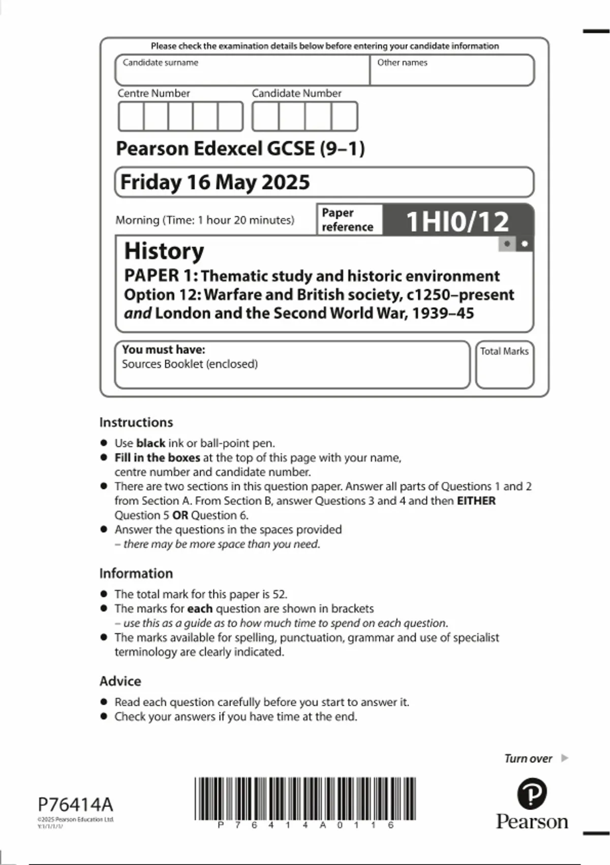 2025 Pearson Edexcel GCSE History Paper 1 (1HIO/12: Thematic study and ...