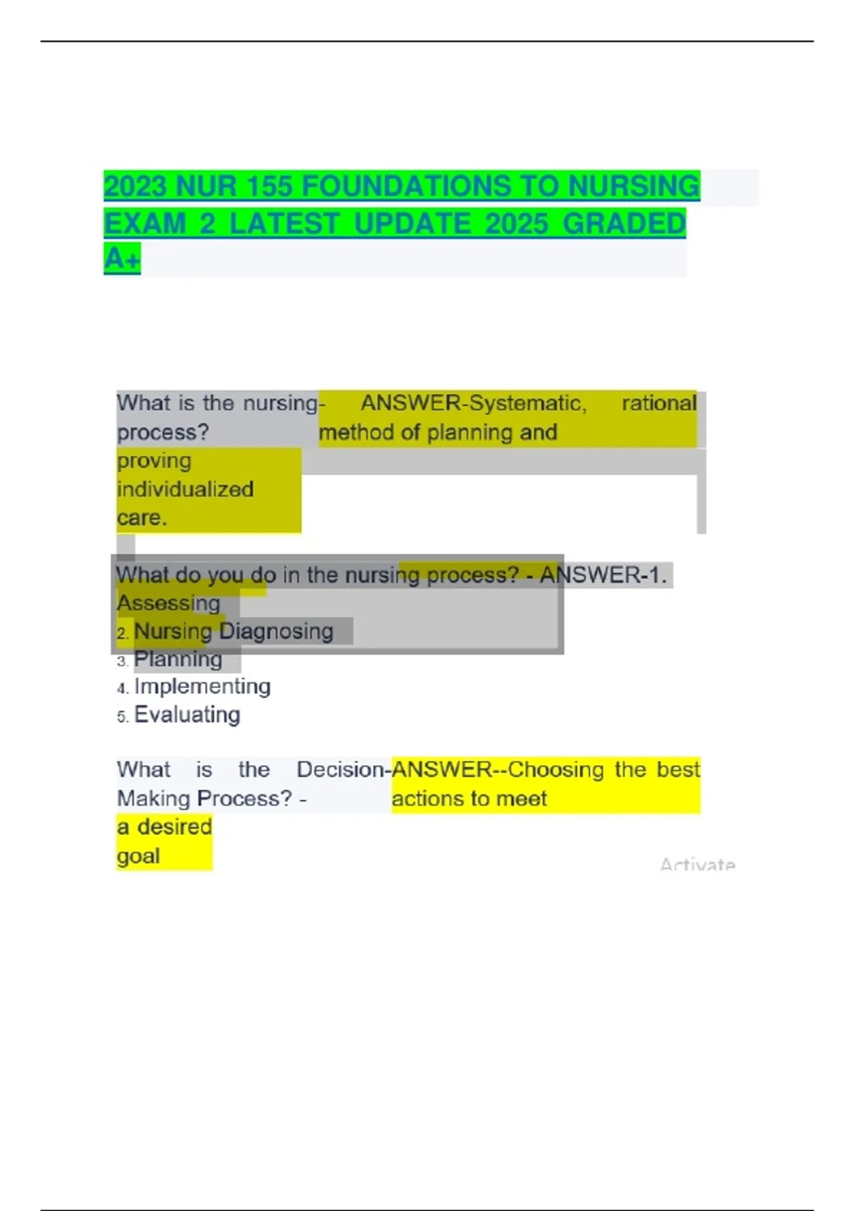 2023 NUR 155 FOUNDATIONS TO NURSING EXAM 2 LATEST UPDATE 2025 GRADED A+ ...