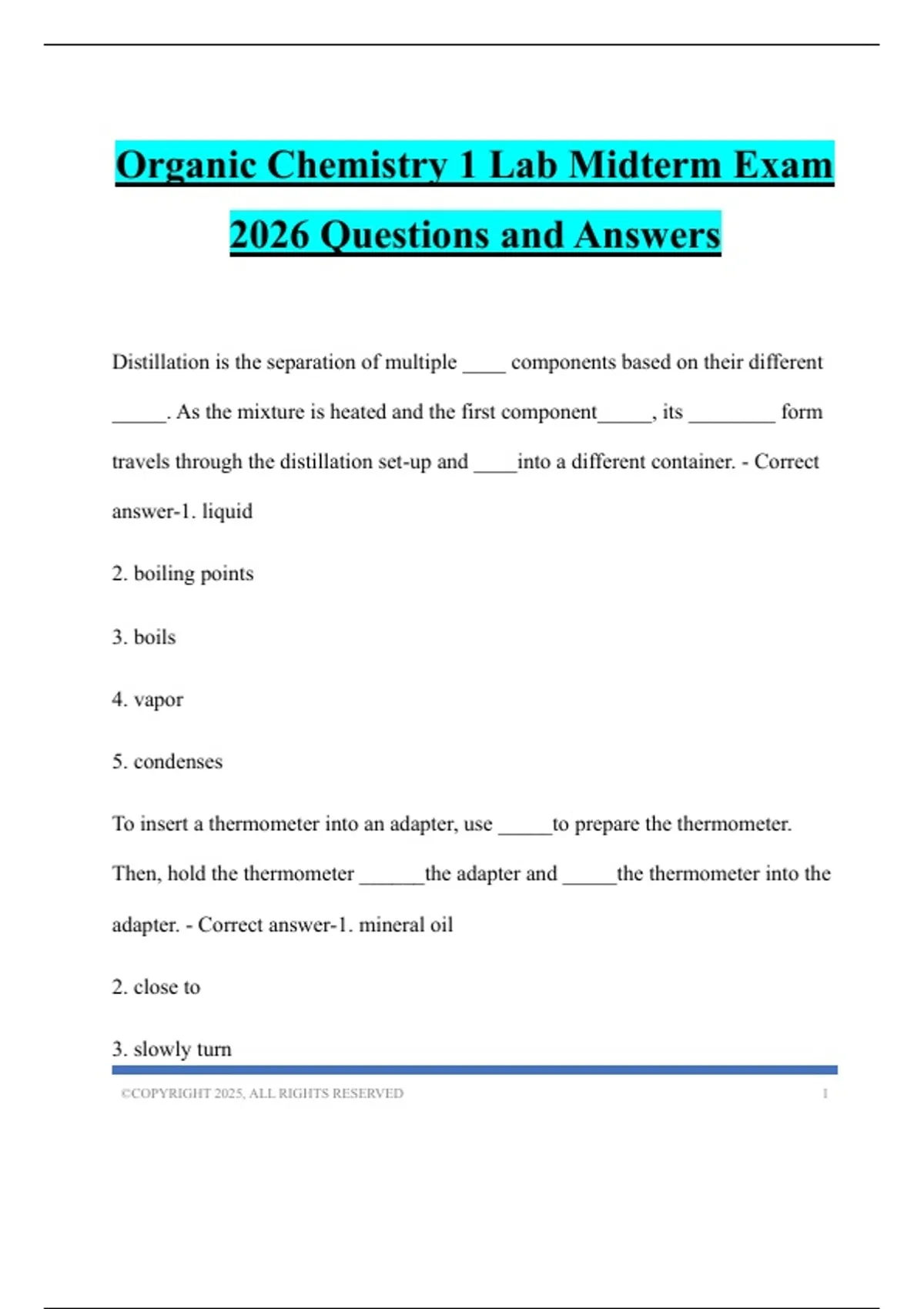 Organic Chemistry 1 Lab Midterm Exam 2026 Questions and Answers ...