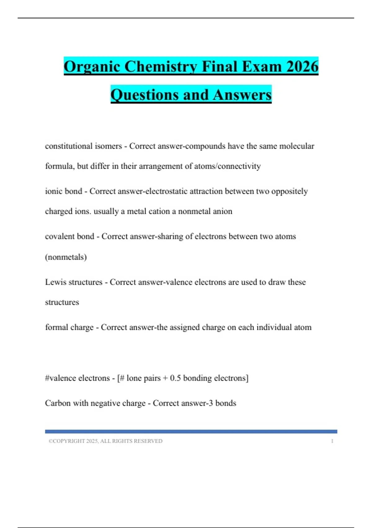 Organic Chemistry Final Exam 2026 Questions and Answers - Organic ...