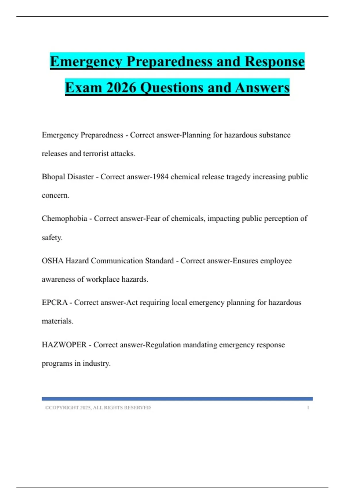 Emergency Preparedness and Response Exam 2026 Questions and Answers ...