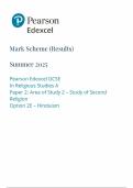 2025 Pearson Edexcel GCSE Religious Studies A Mark Scheme Paper 2 &lpar;1RA0&sol;2E&colon; Area of Study 2 &ndash;  Study of Second Religion&rpar;