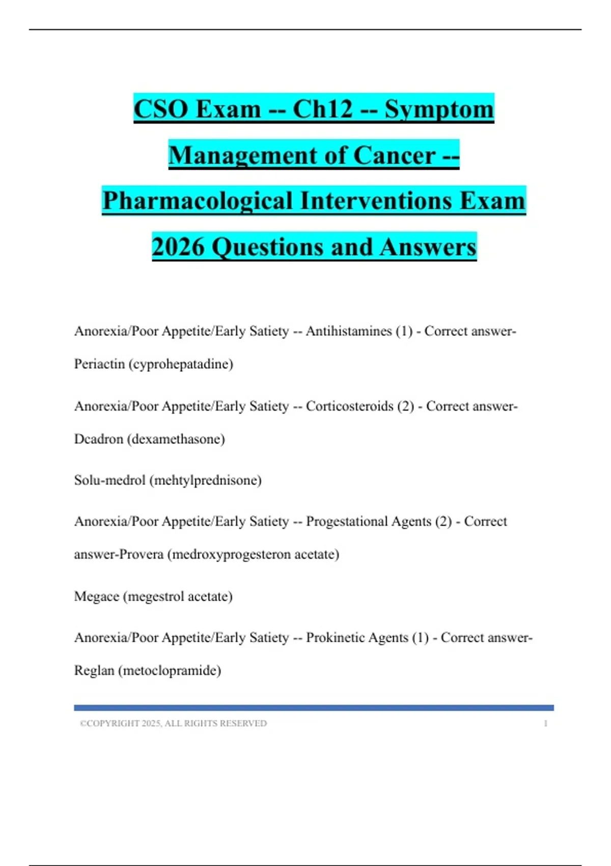 CSO Exam -- Ch12 -- Symptom Management of Cancer -- Pharmacological ...