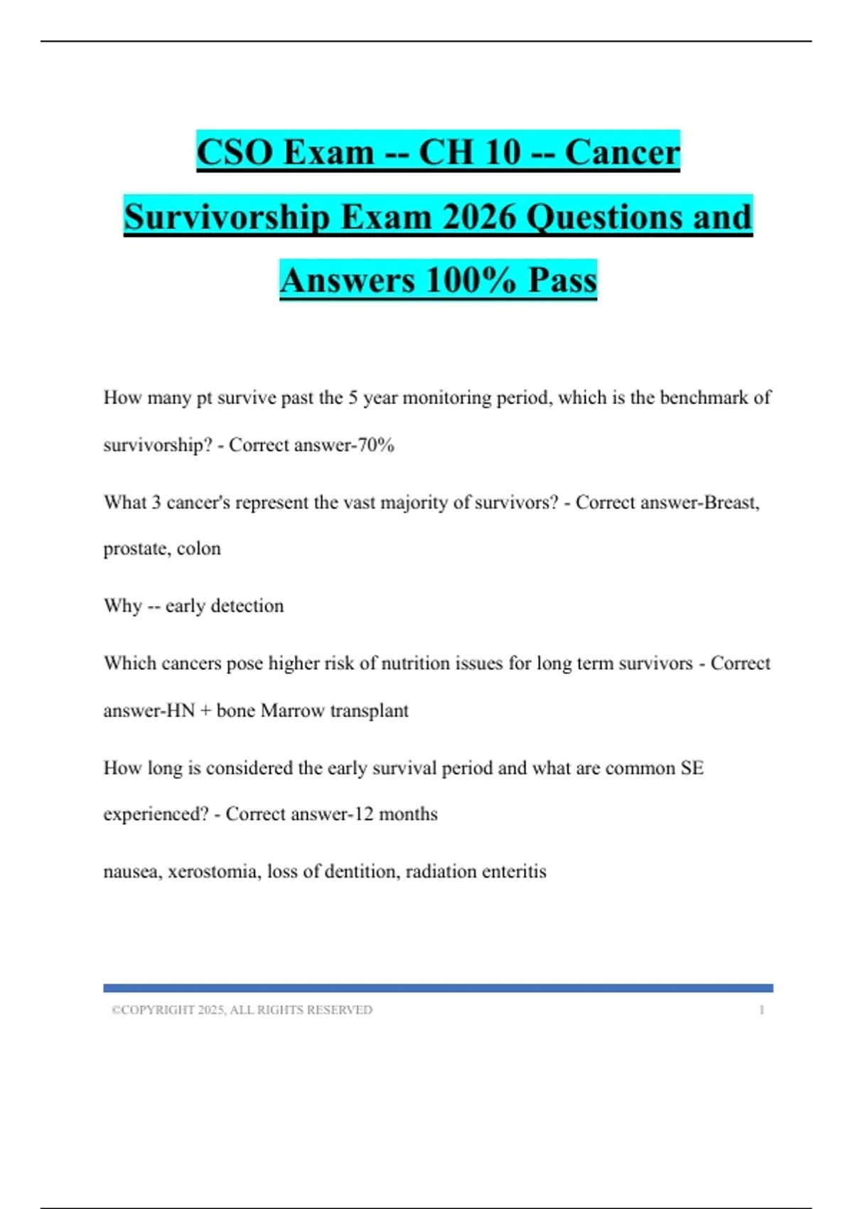 CSO Exam -- CH 10 -- Cancer Survivorship Exam 2026 Questions and ...