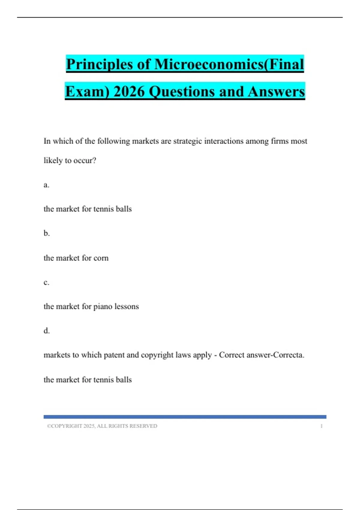 Principles of Microeconomics(Final Exam) 2026 Questions and Answers ...