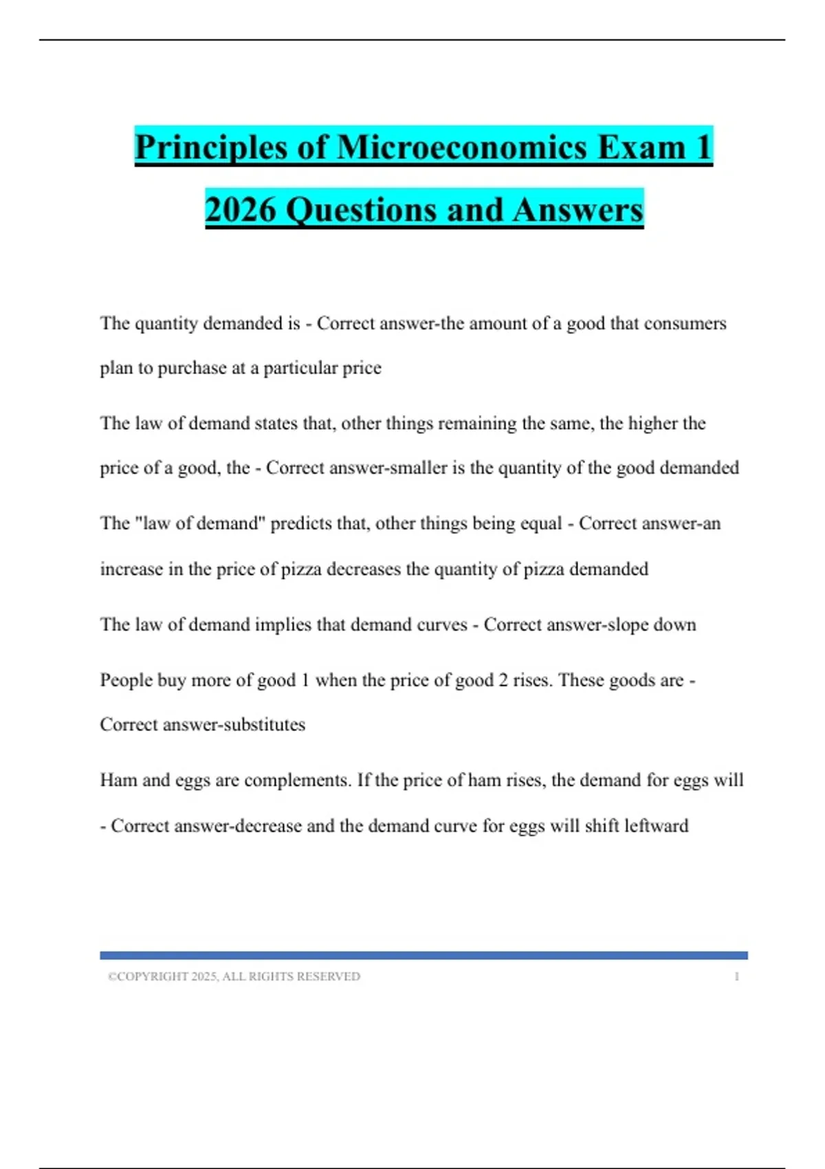 Principles of Microeconomics Exam 1 2026 Questions and Answers ...