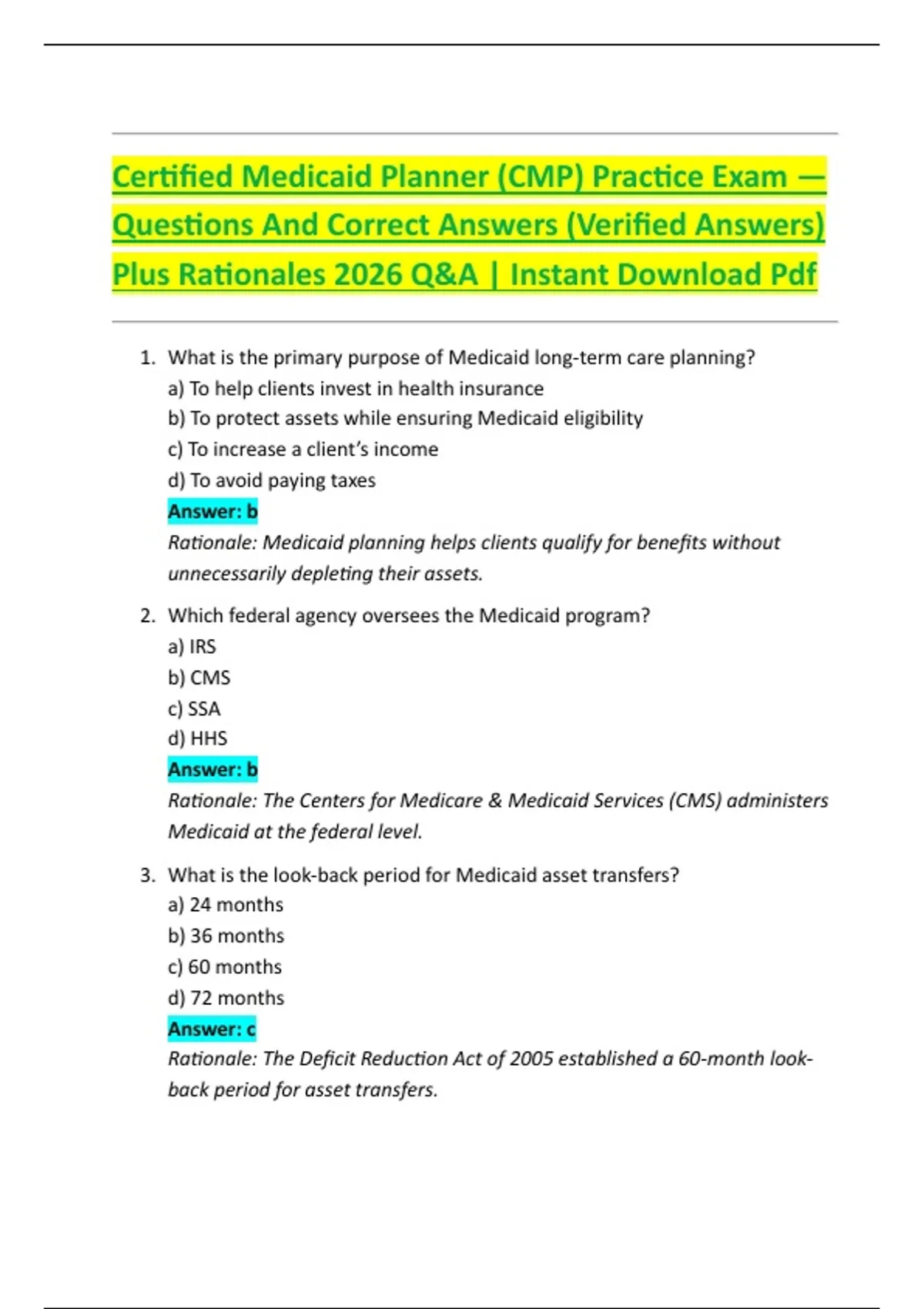 Certified Medicaid Planner (CMP) Practice Exam — Questions And Correct ...