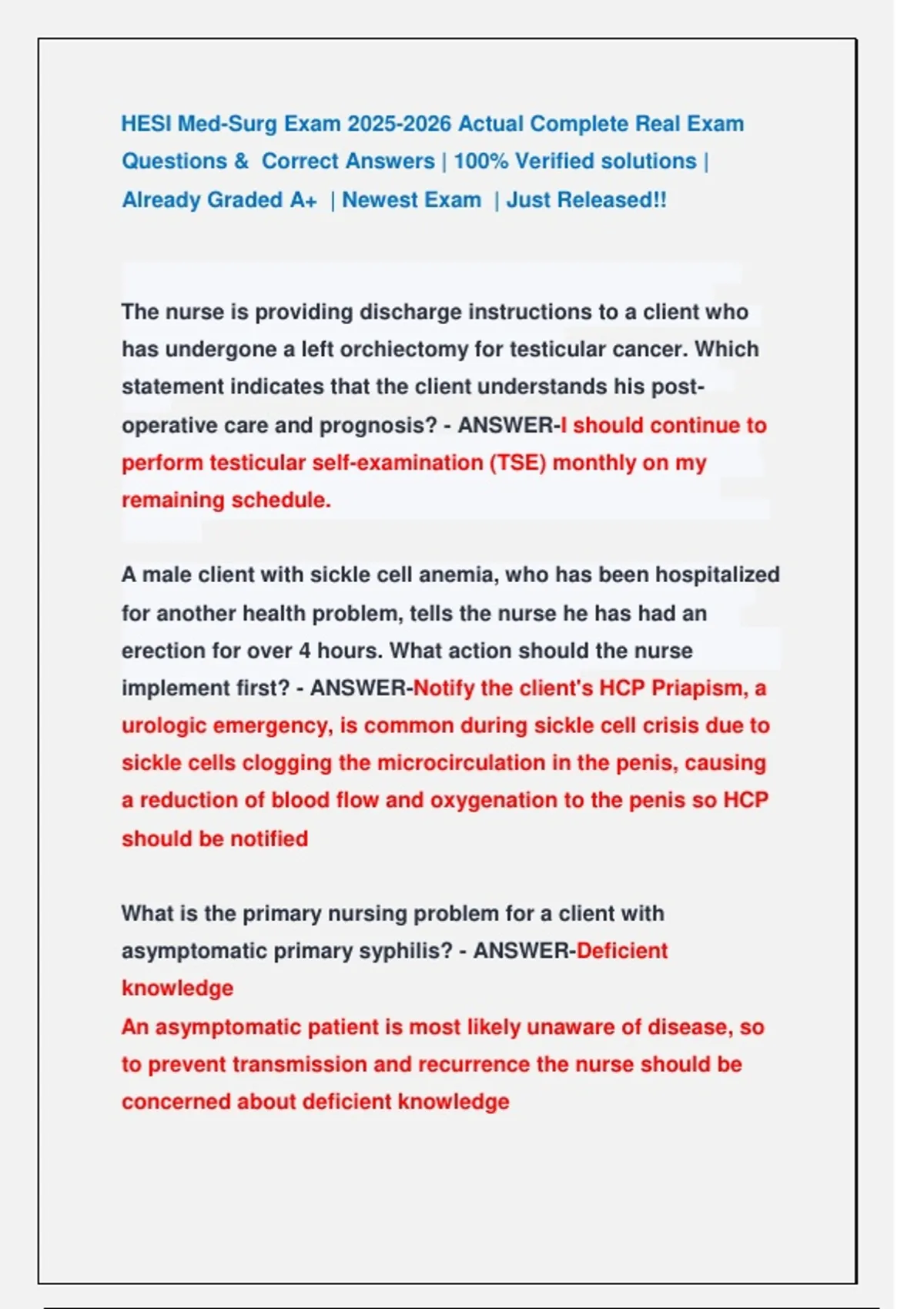 HESI Med-Surg Exam Actual Complete Real Exam Questions & Correct ...