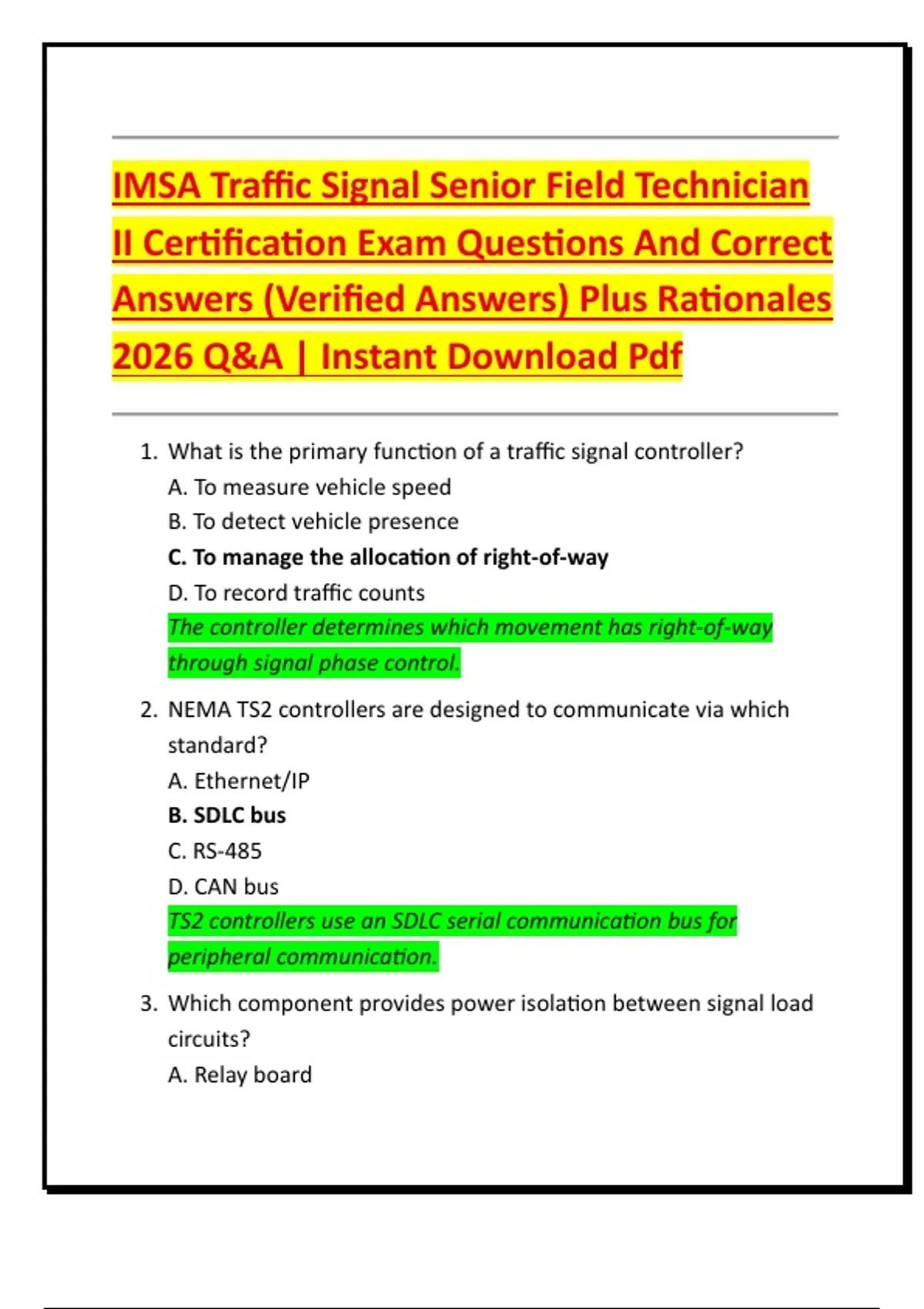 IMSA Traffic Signal Senior Field Technician II Certification Exam ...