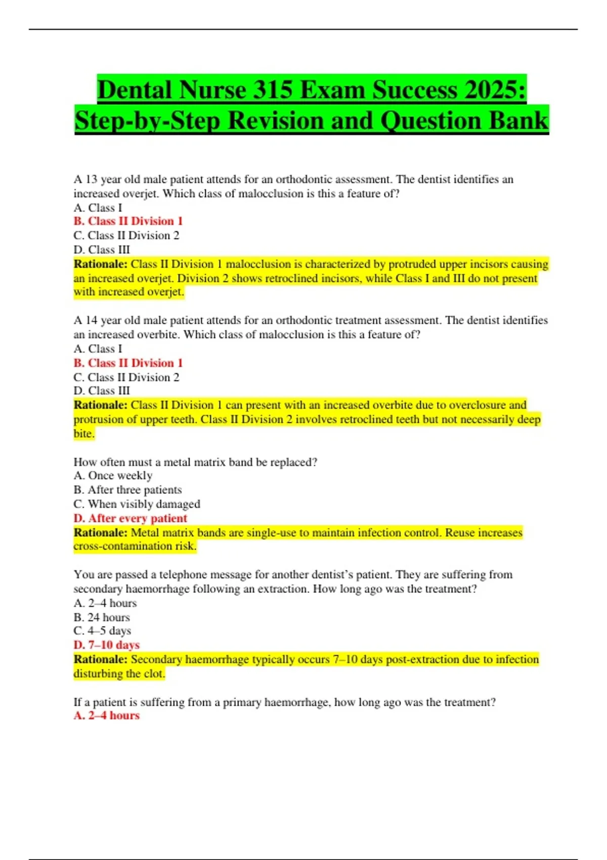 Dental Nurse 315 Exam Success 2025 Step by Step Revision And Question 