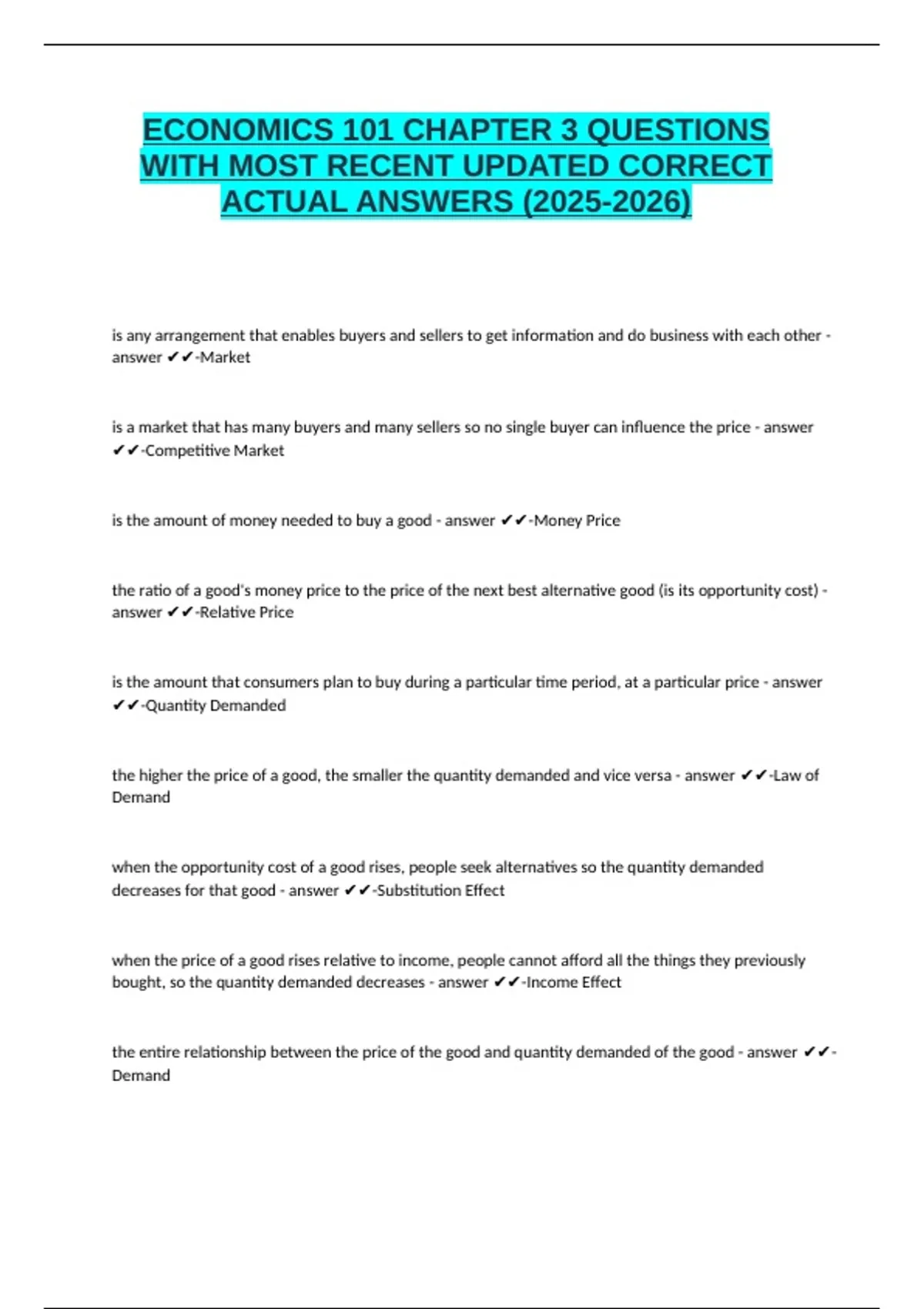 ECONOMICS 101 CHAPTER 3 QUESTIONS WITH MOST RECENT UPDATED CORRECT ...