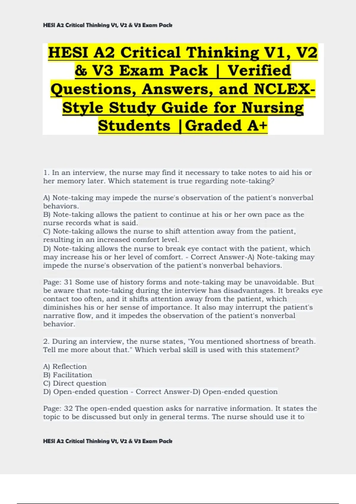HESI A2 Critical Thinking V1, V2 & V3 Exam Pack | Verified Questions ...