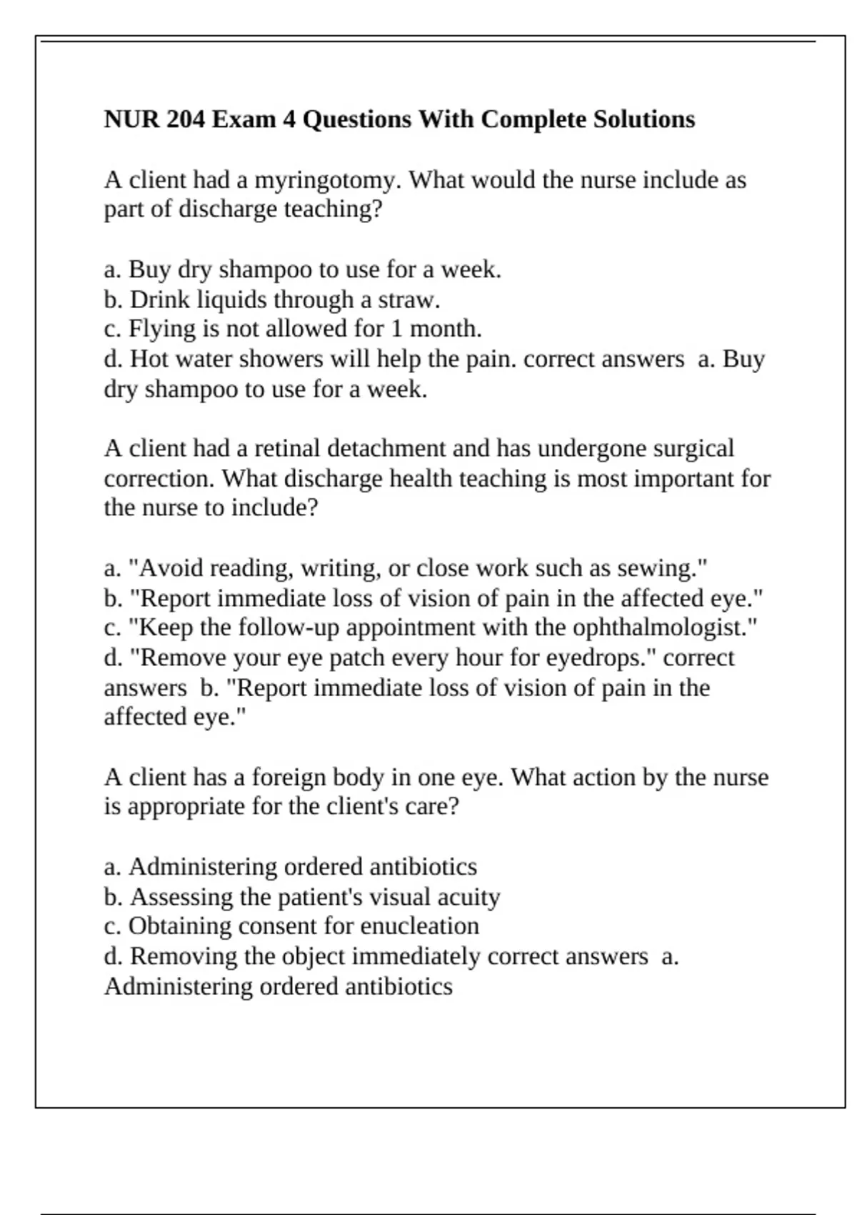 NUR 204 Exam 4 Questions With Complete Solutions - NUR 204 - Stuvia US