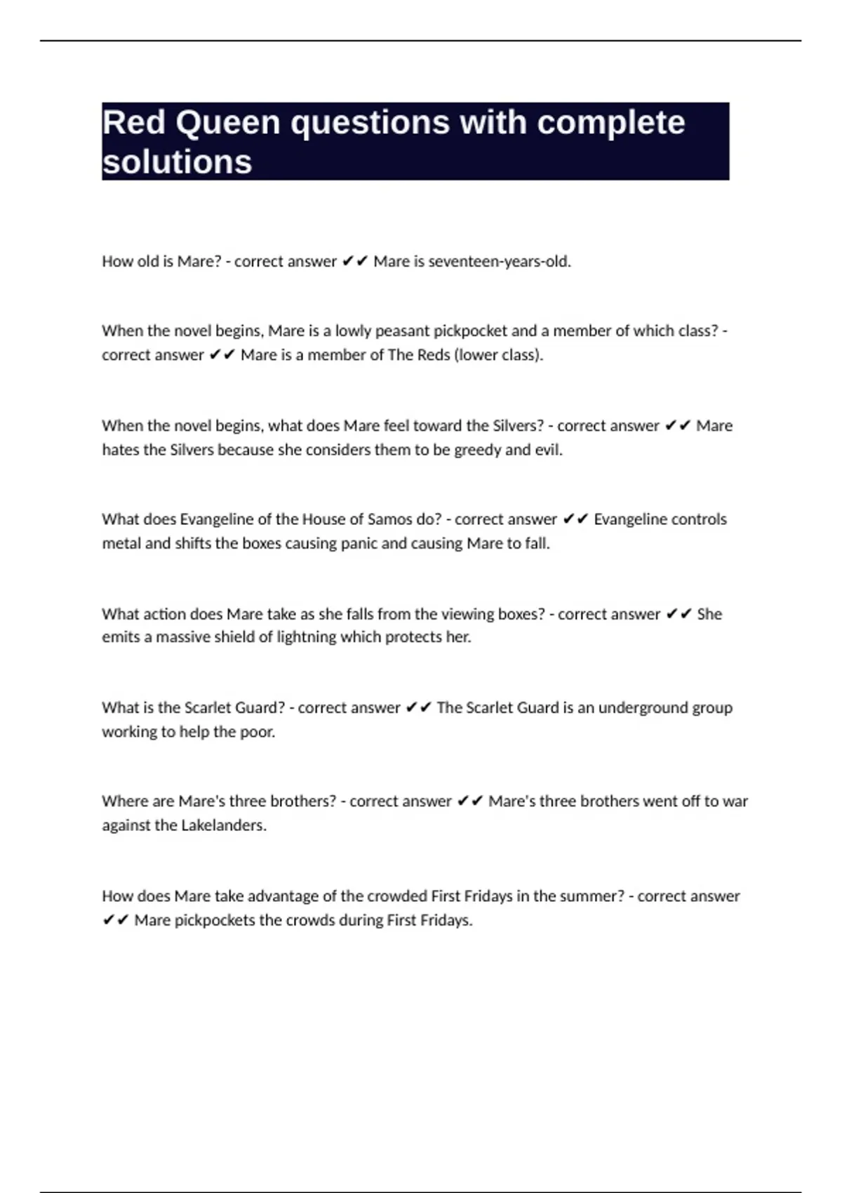 Question Queen Red Queen questions with complete solutions - Red queen - Stuvia US