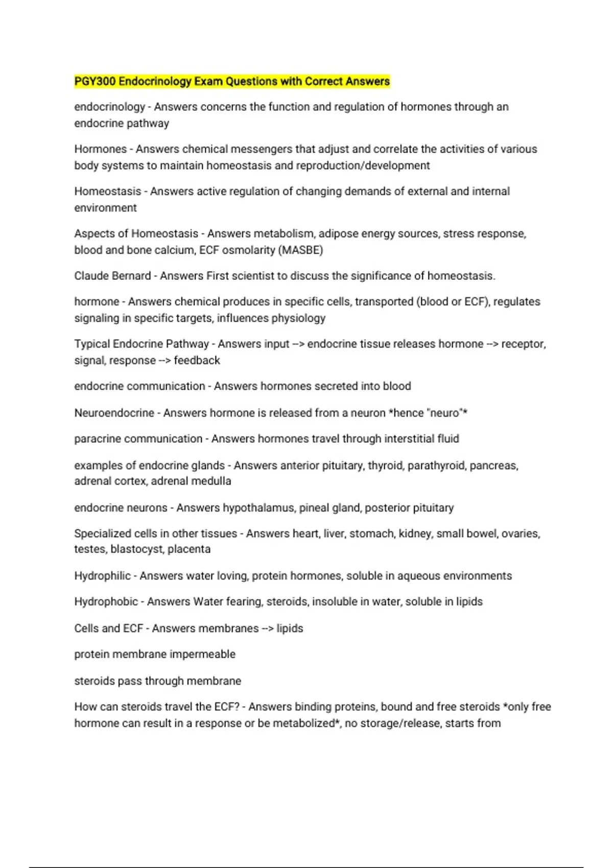 PGY300 Endocrinology Exam Questions with Correct Answers - PGY 300 - Stuvia US