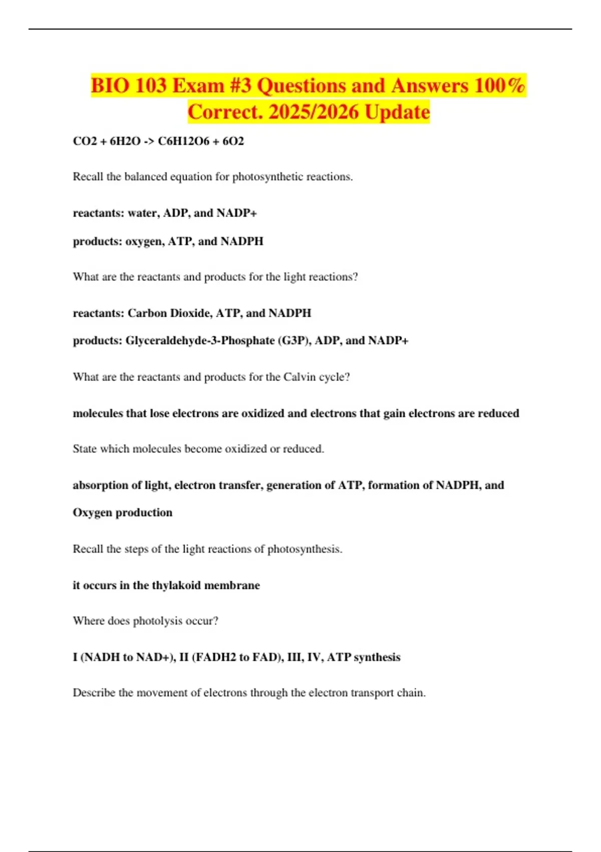 BIO 103 Exam #3 Questions and Answers 100% Correct. 2025/2026 Update ...