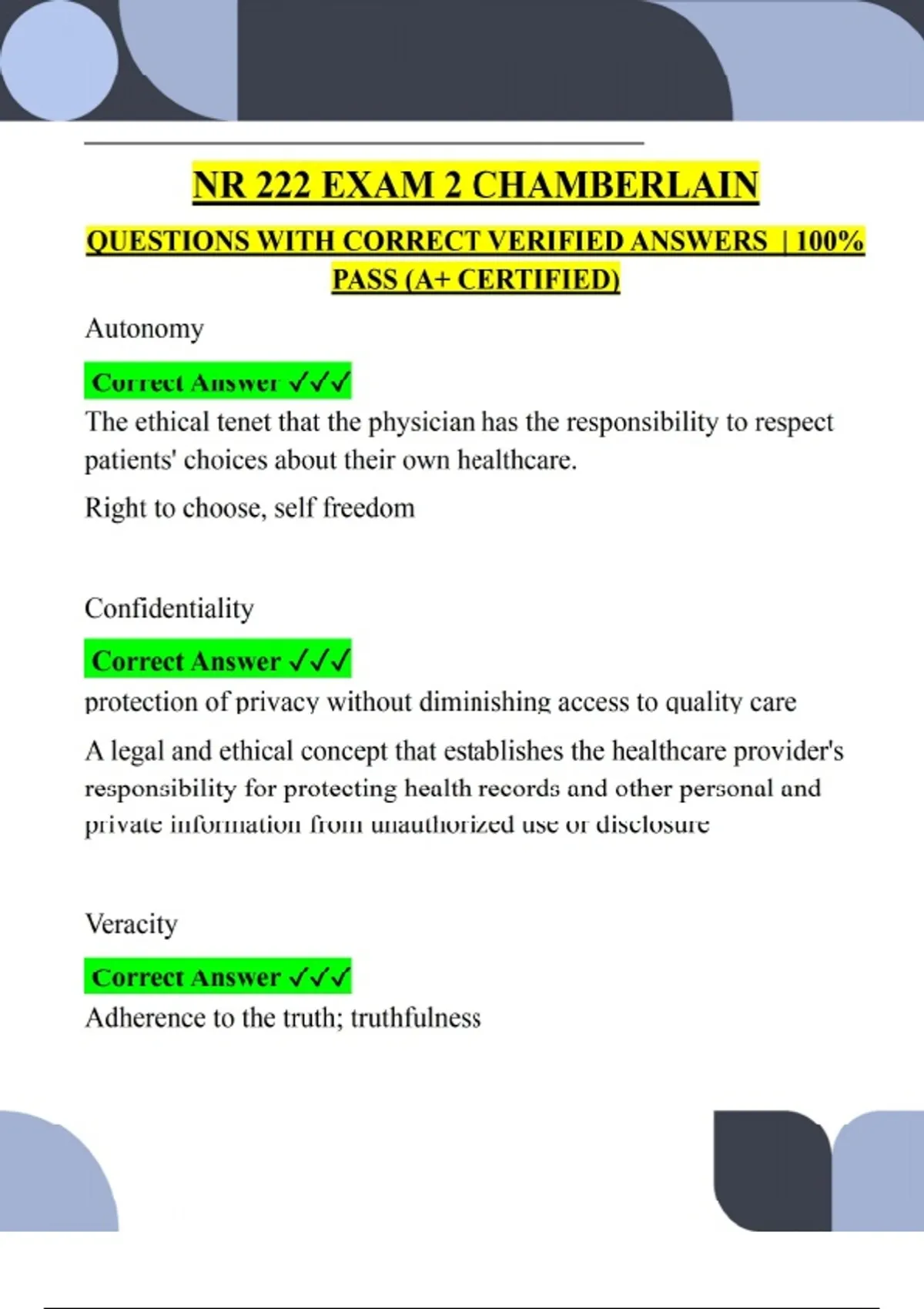 NR 222 EXAM 2 CHAMBERLAIN QUESTIONS WITH CORRECT VERIFIED ANSWERS | 100 ...