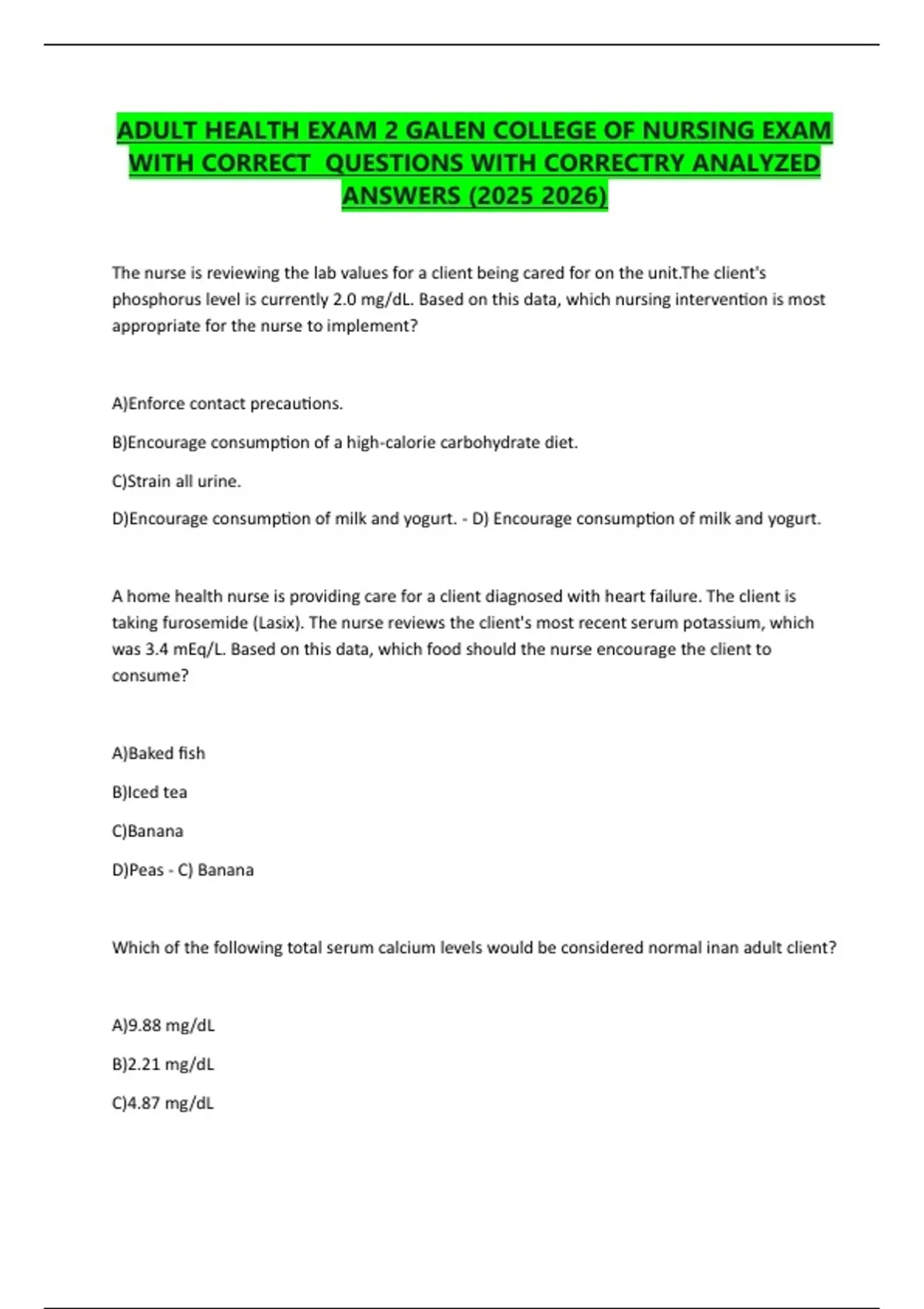 ADULT HEALTH EXAM 2 GALEN COLLEGE OF NURSING EXAM WITH CORRECT ...