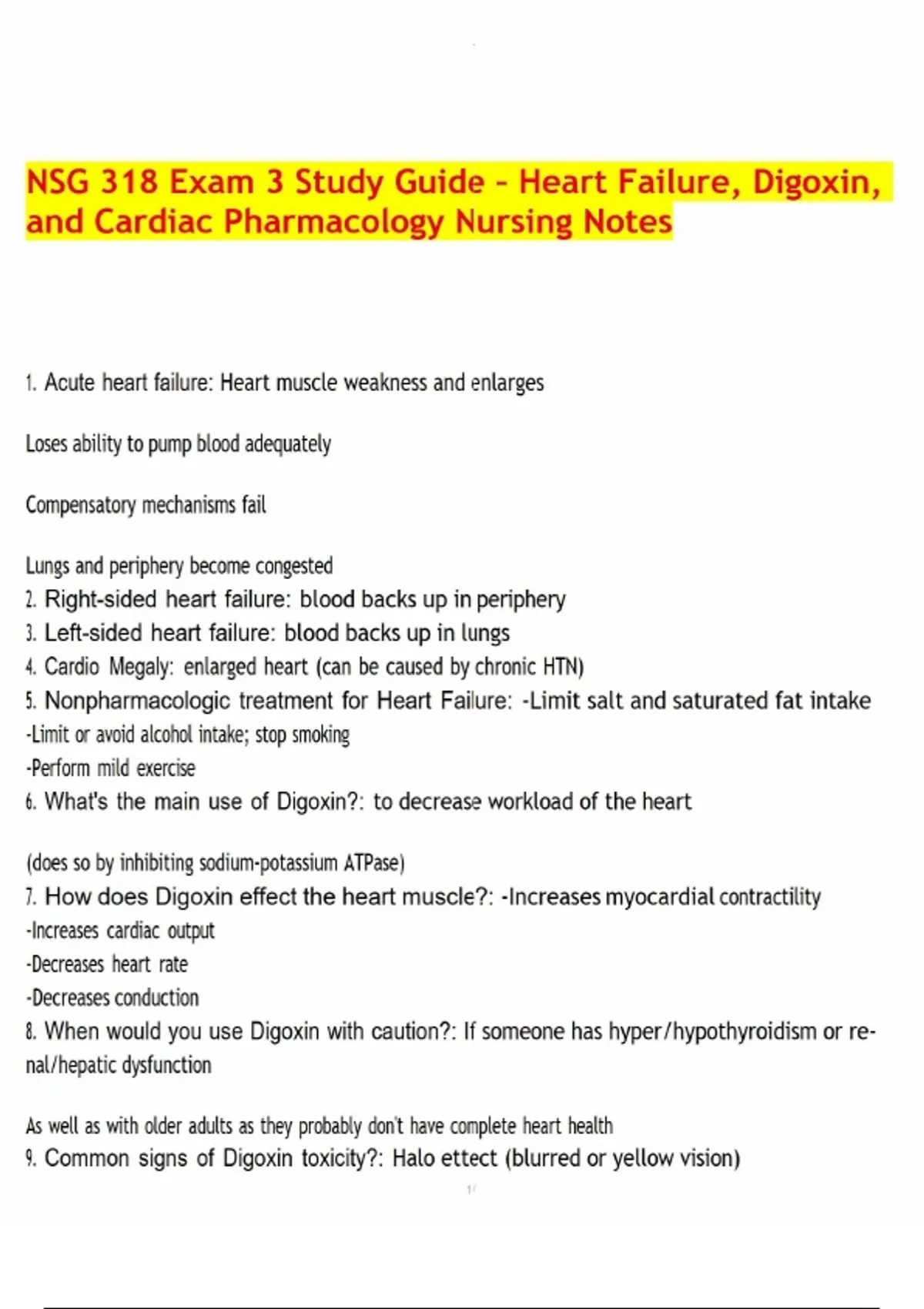 NSG 318 Exam 3 Study Guide – Heart Failure, Digoxin, and Cardiac ...