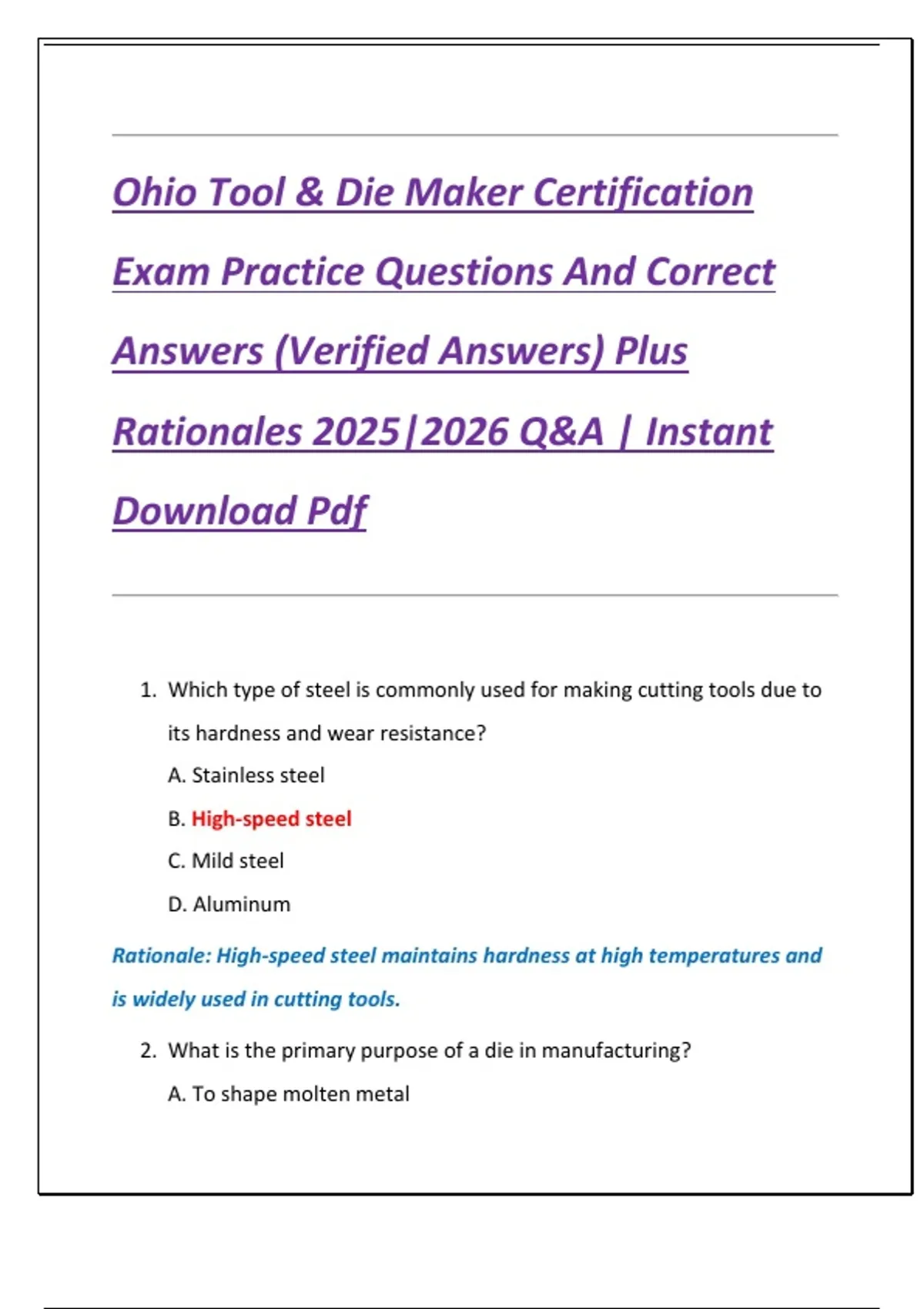 Ohio Tool & Die Maker Certification Exam Practice Questions And Correct ...