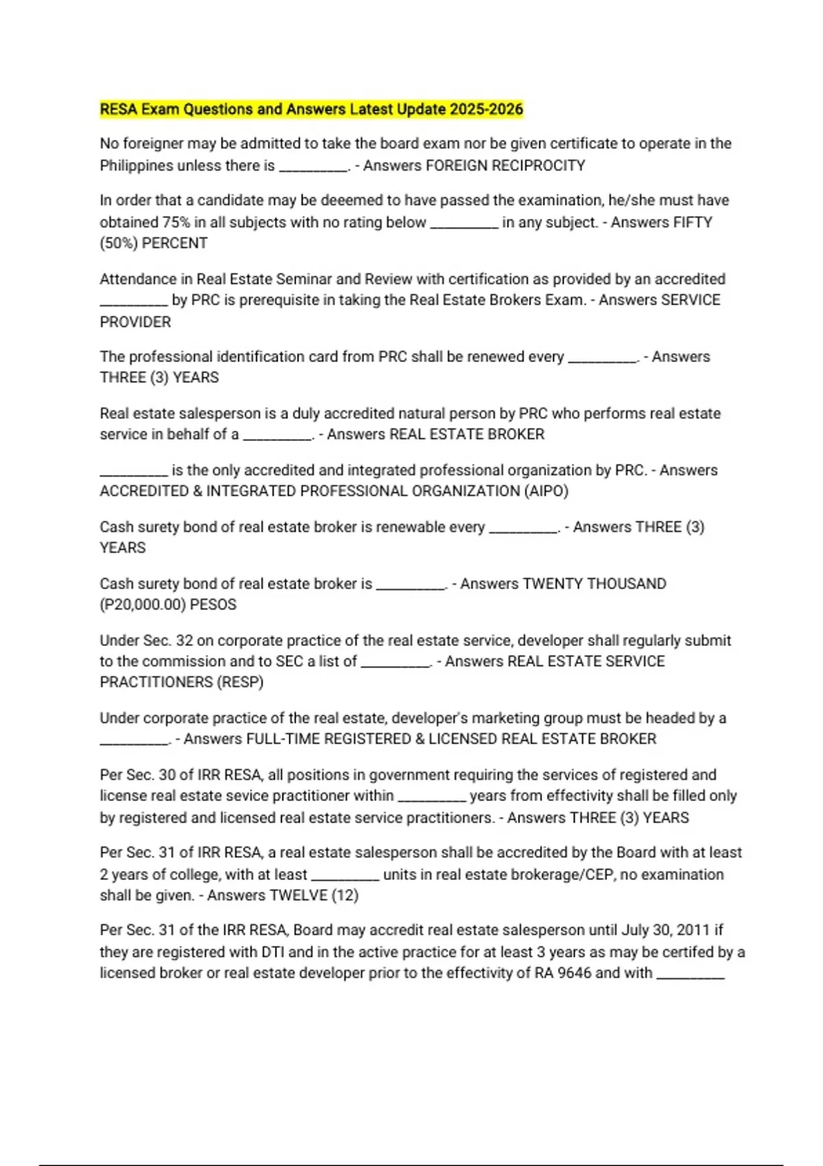 Resa Application RESA Exam Questions and Answers Latest Update - RESA - Stuvia US