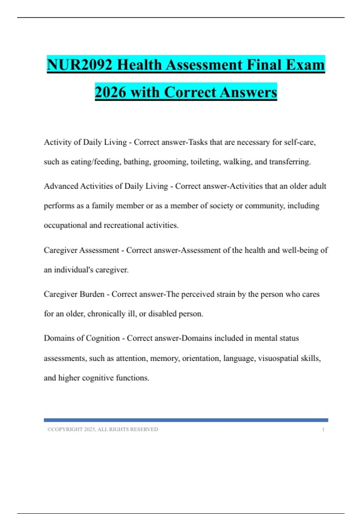 NUR2092 Health Assessment Final Exam 2026 with Correct Answers - NUR ...