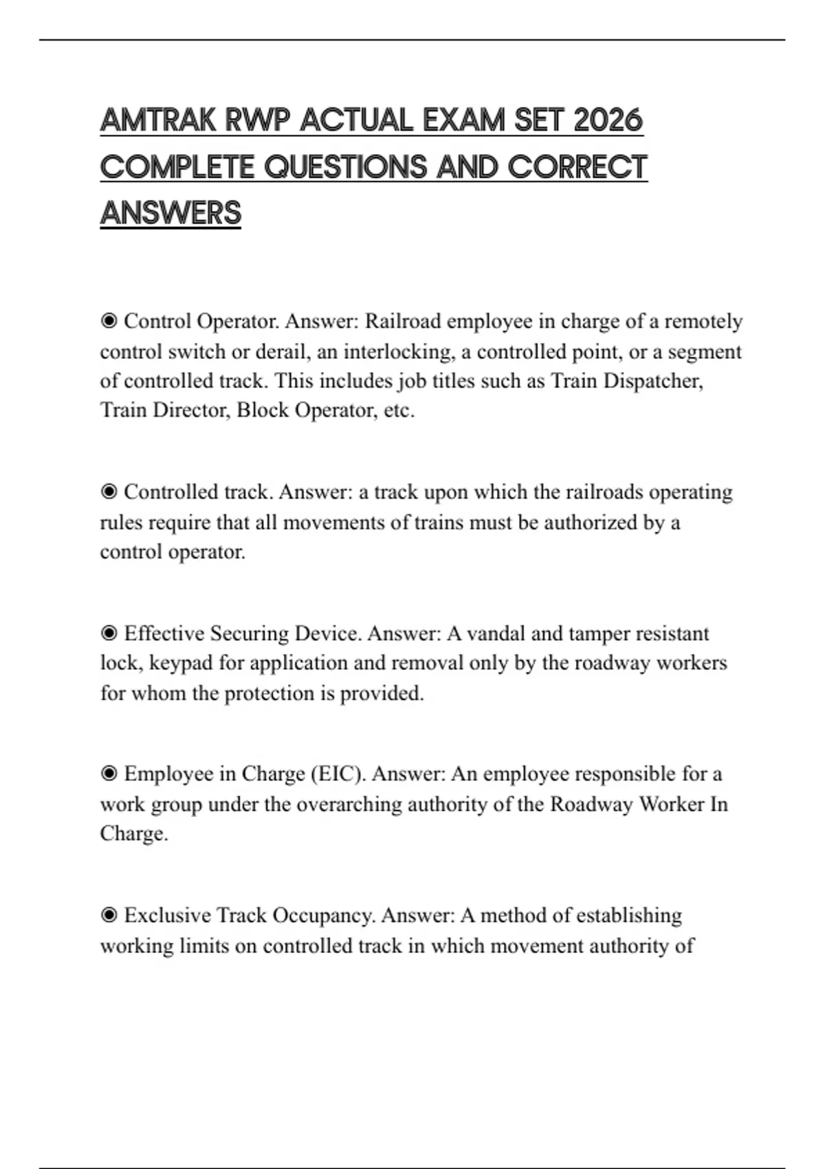 AMTRAK RWP ACTUAL EXAM SET 2026 COMPLETE QUESTIONS AND CORRECT ANSWERS ...