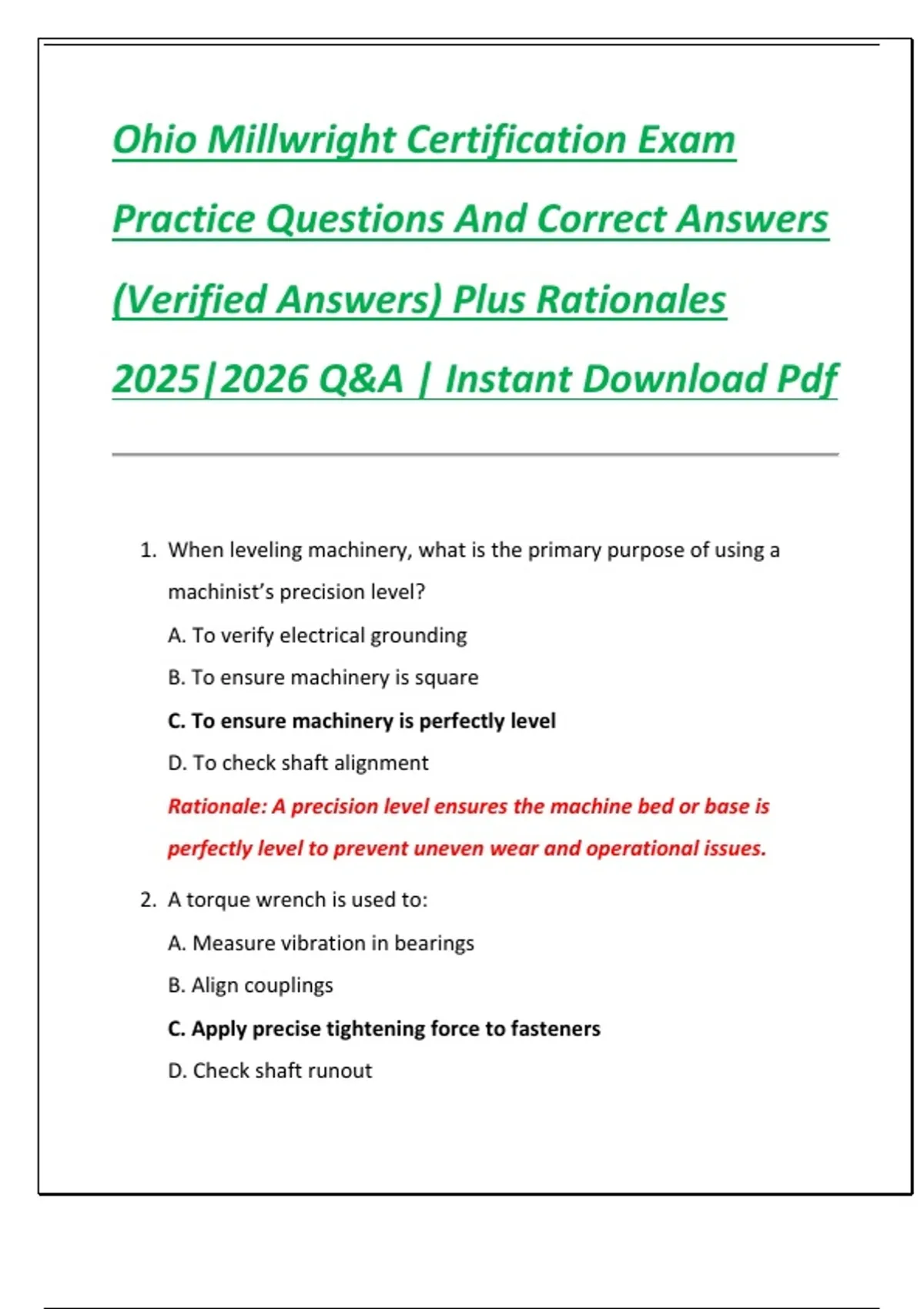 Ohio Millwright Certification Exam Practice Questions And Correct ...